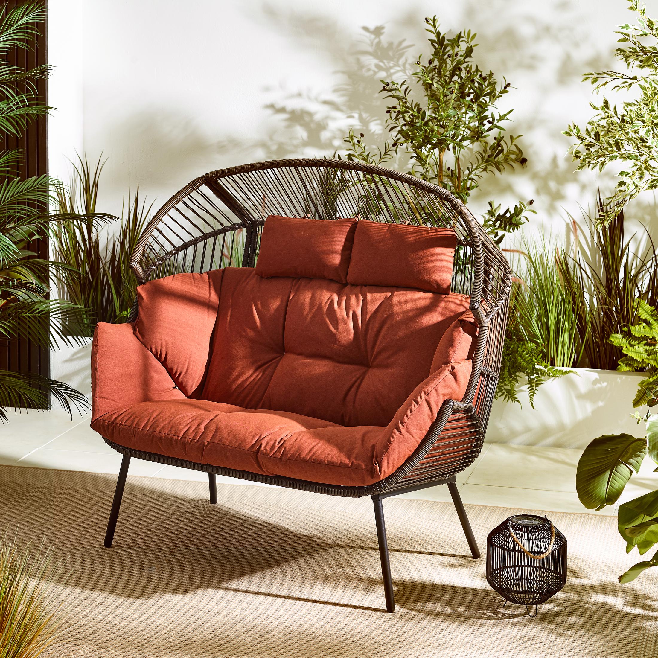 Brown Rattan & Orange Garden Double Egg Chair Seat
