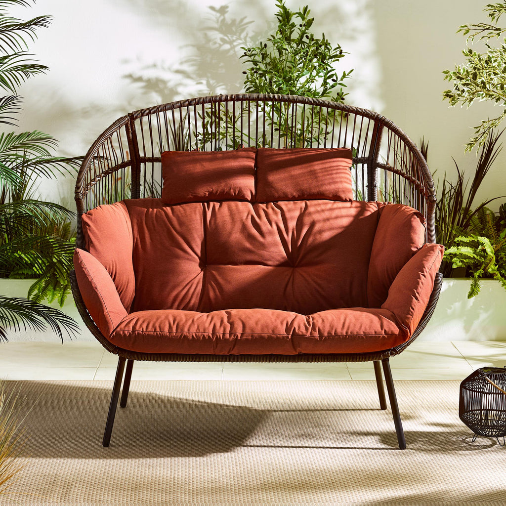 Brown Rattan & Orange Garden Double Egg Chair Seat
