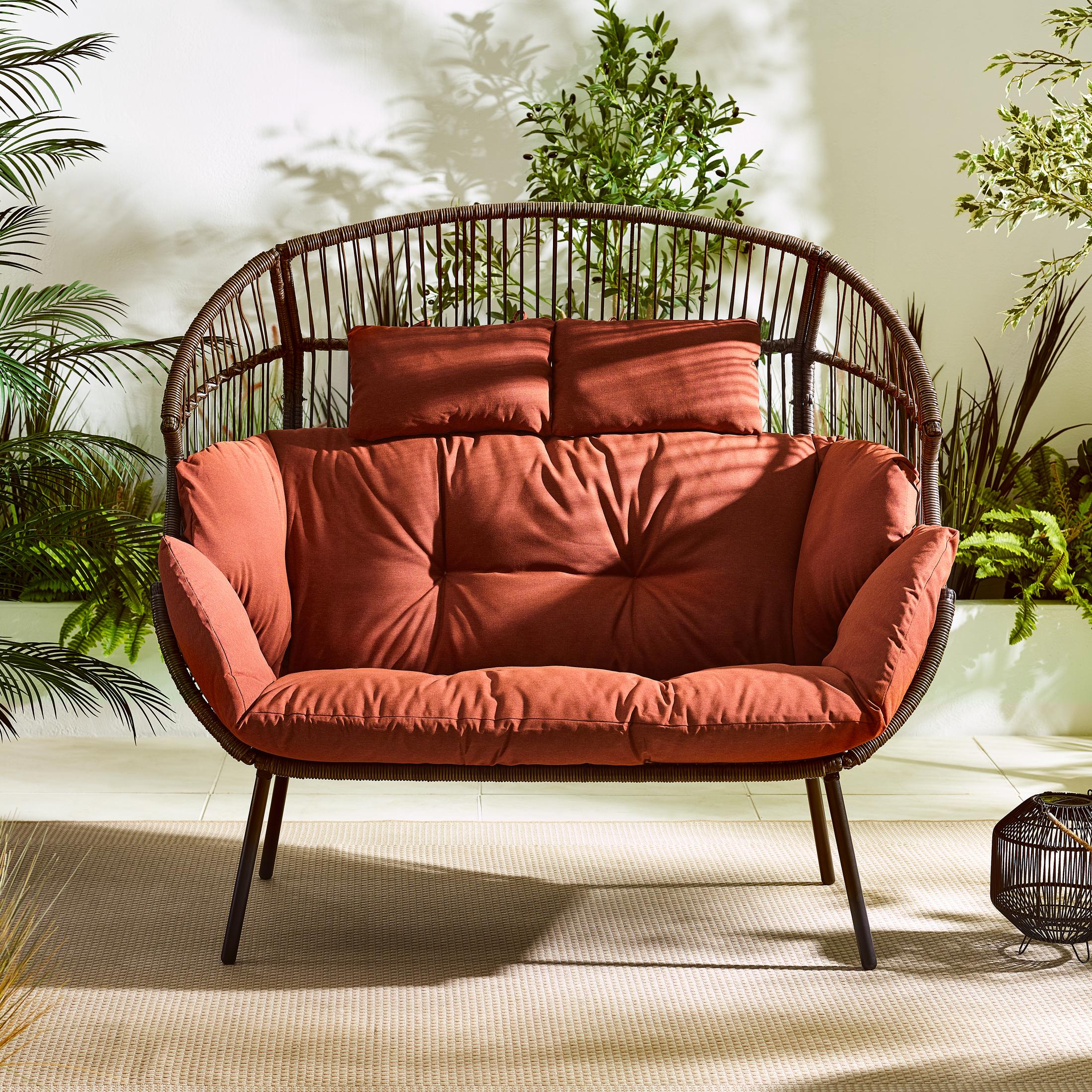Brown Rattan & Orange Garden Double Egg Chair Seat