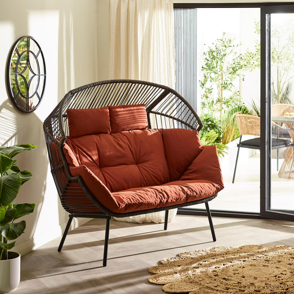 Brown Rattan & Orange Garden Double Egg Chair Seat