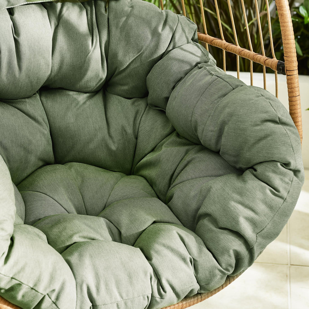 Beige Rattan & Green Garden Hanging Egg Chair Seat