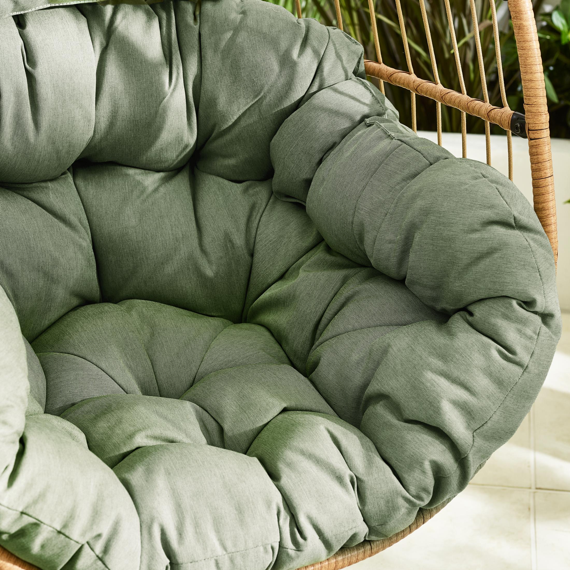Beige Rattan & Green Garden Hanging Egg Chair Seat