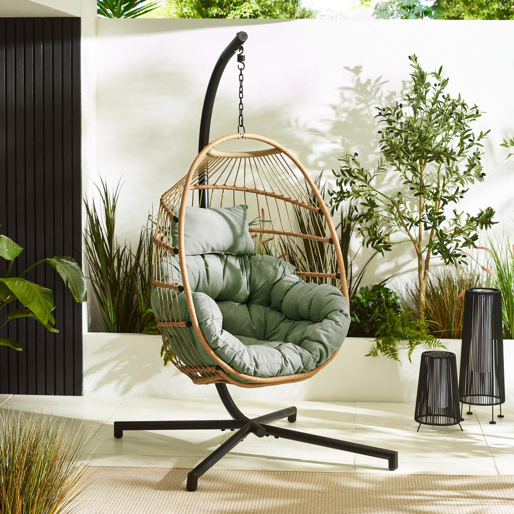 Beige Rattan & Green Garden Hanging Egg Chair Seat