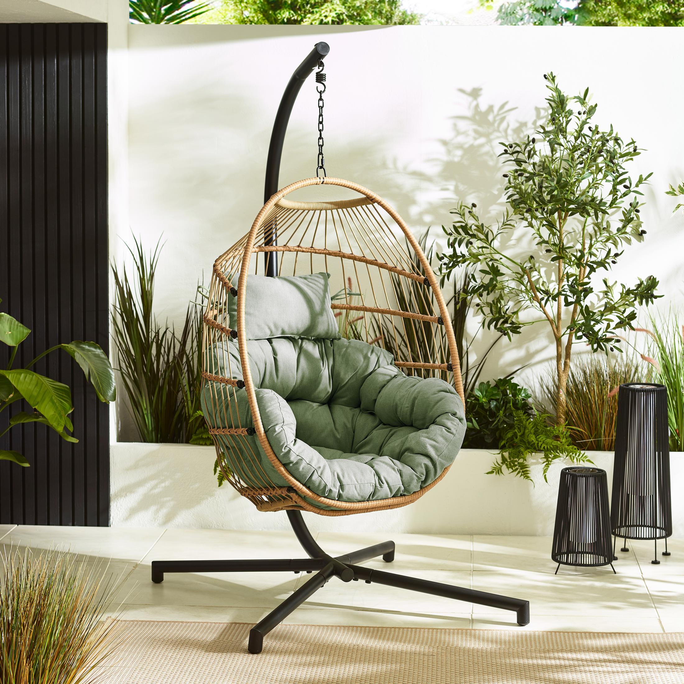 Beige Rattan & Green Garden Hanging Egg Chair Seat