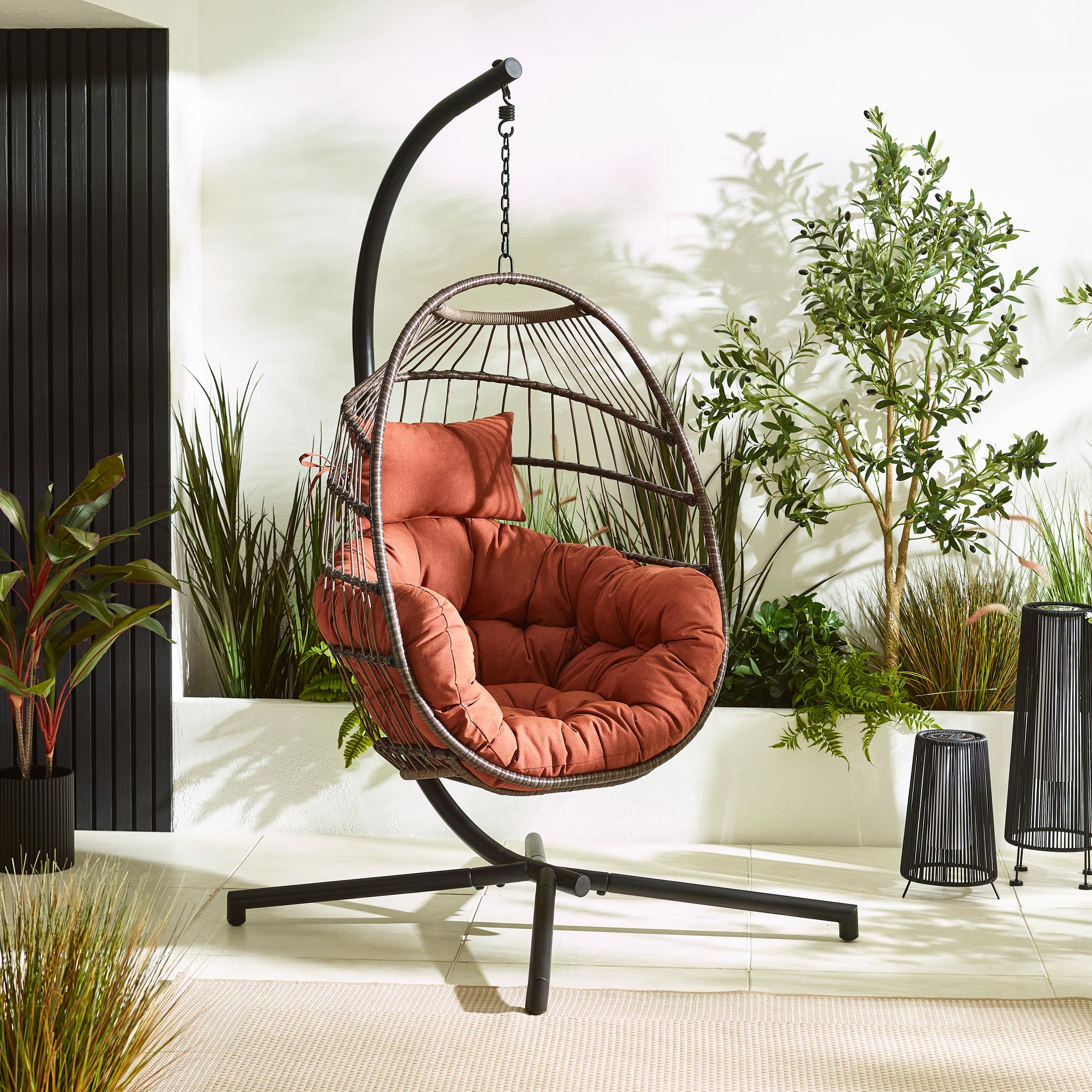 Brown Rattan & Orange Garden Hanging Egg Chair Seat