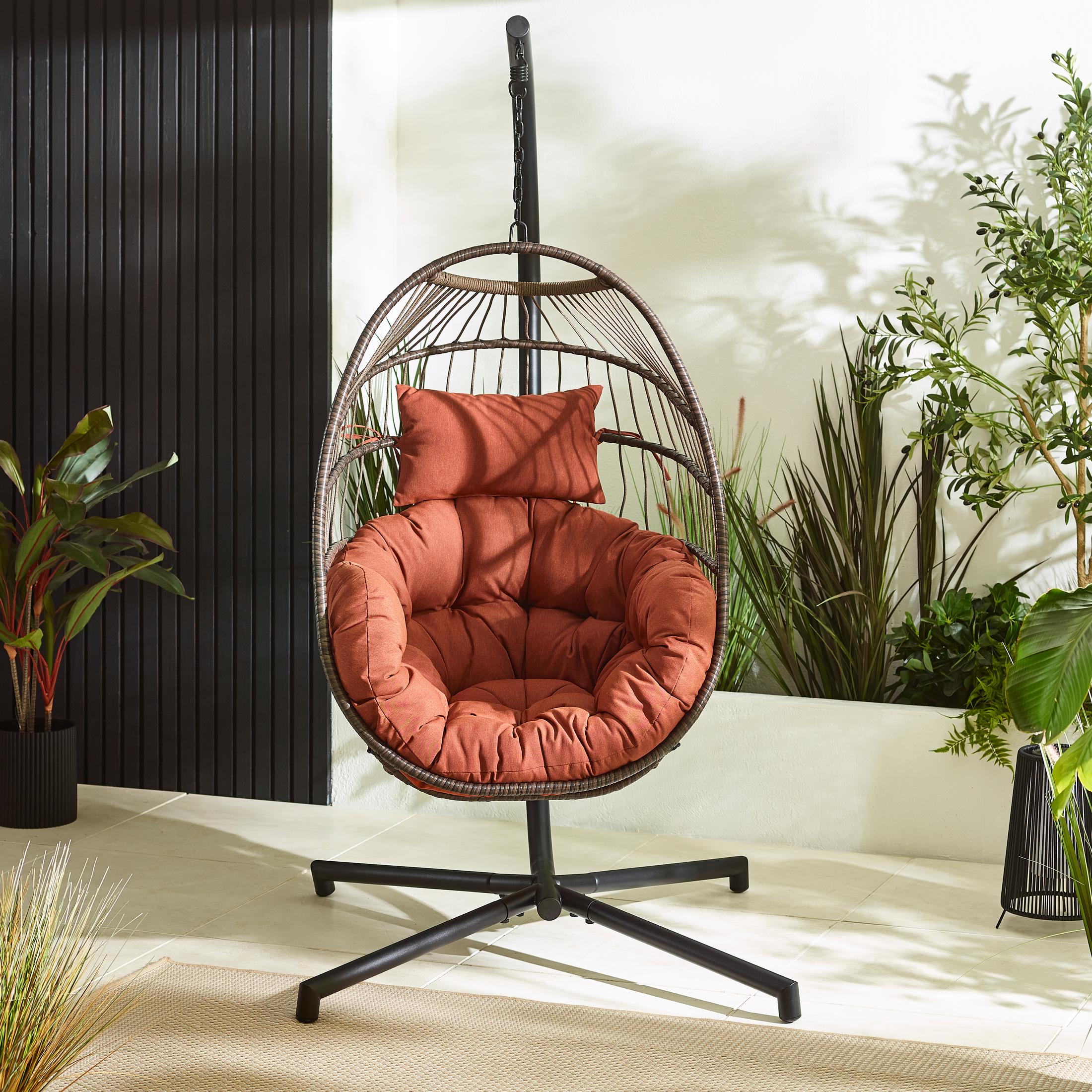 Brown Rattan & Orange Garden Hanging Egg Chair Seat