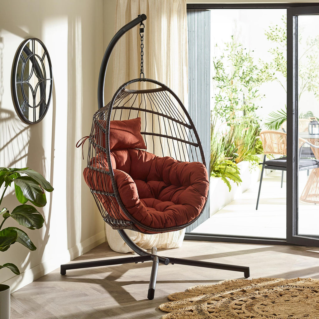 Brown Rattan & Orange Garden Hanging Egg Chair Seat