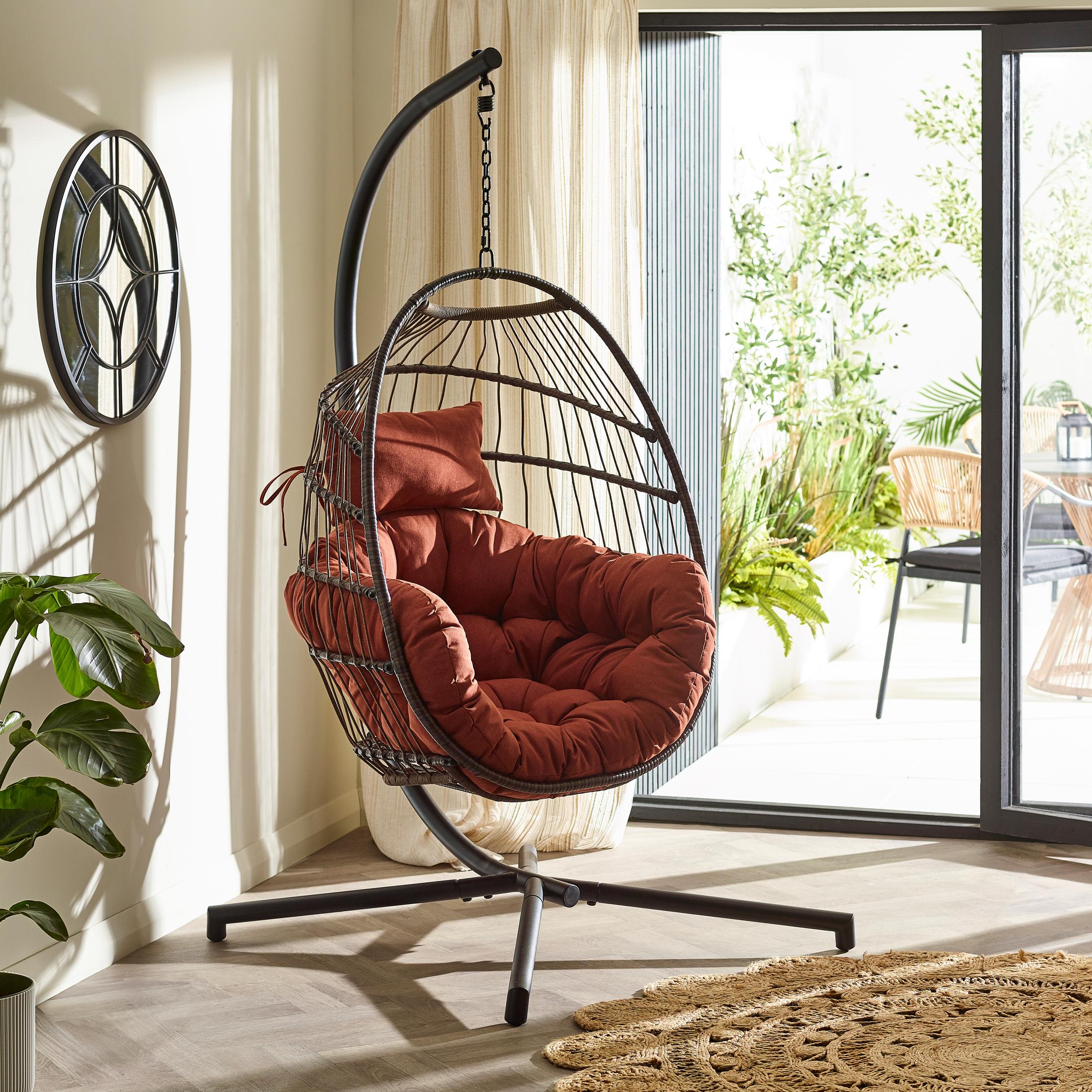Brown Rattan & Orange Garden Hanging Egg Chair Seat