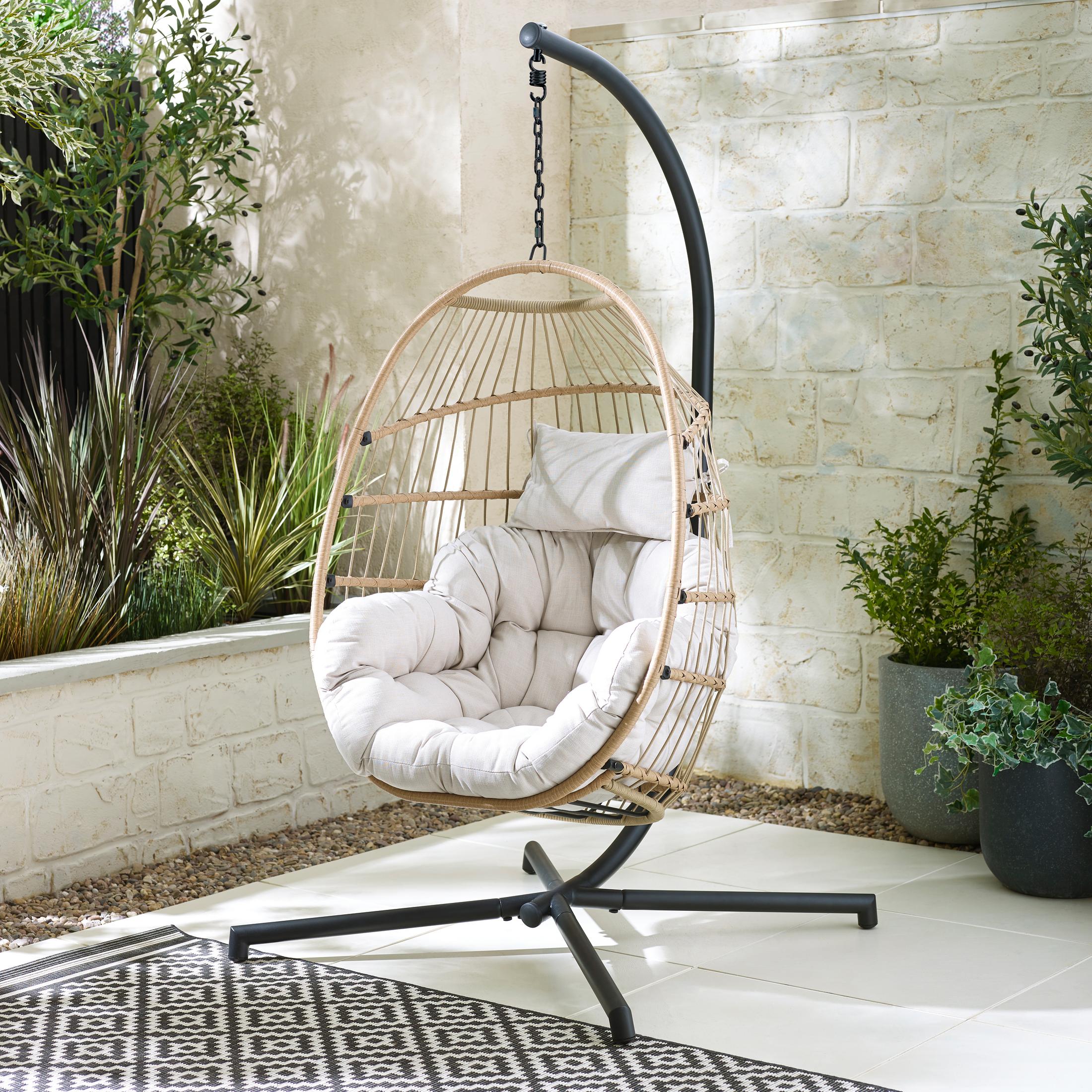 Beige Rattan & Cream Garden Hanging Egg Chair Seat