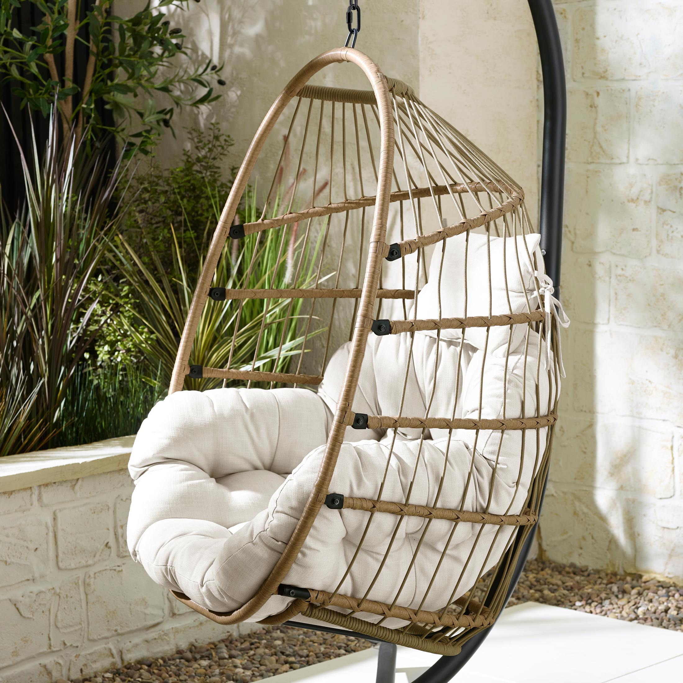 Beige Rattan & Cream Garden Hanging Egg Chair Seat