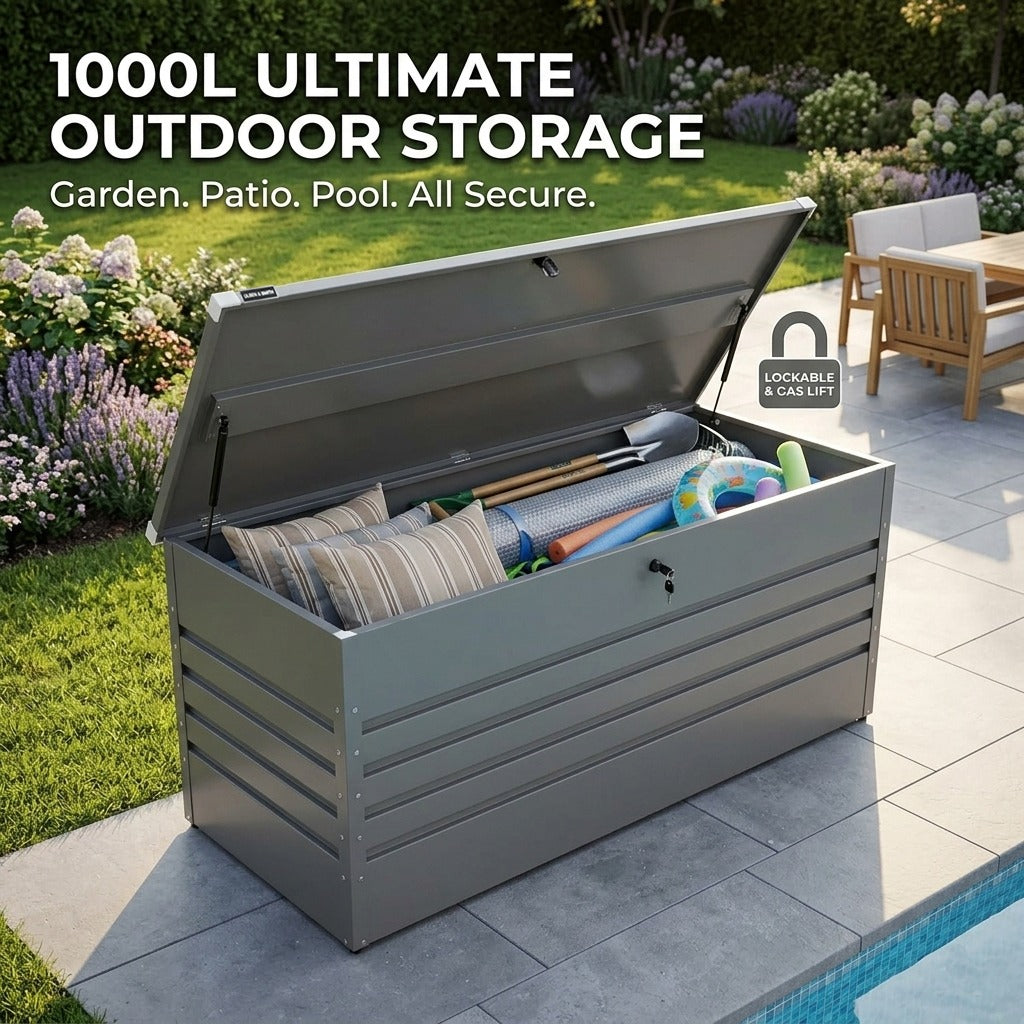 1000L XXL Waterproof Metal Garden Storage Box – Lockable Gas Lift Outdoor Storage – Cushions, Tools & Patio Furniture – Anthracite