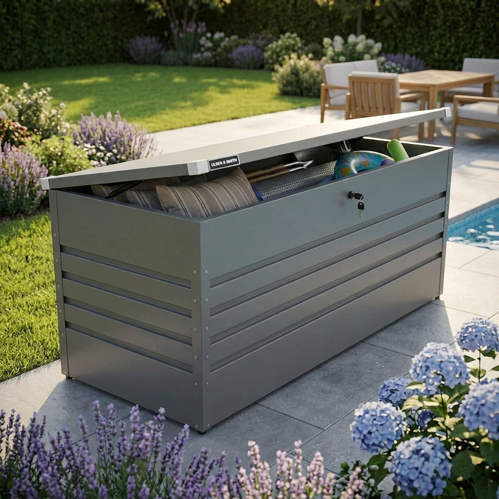 1000L XXL Waterproof Metal Garden Storage Box – Lockable Gas Lift Outdoor Storage – Cushions, Tools & Patio Furniture – Anthracite