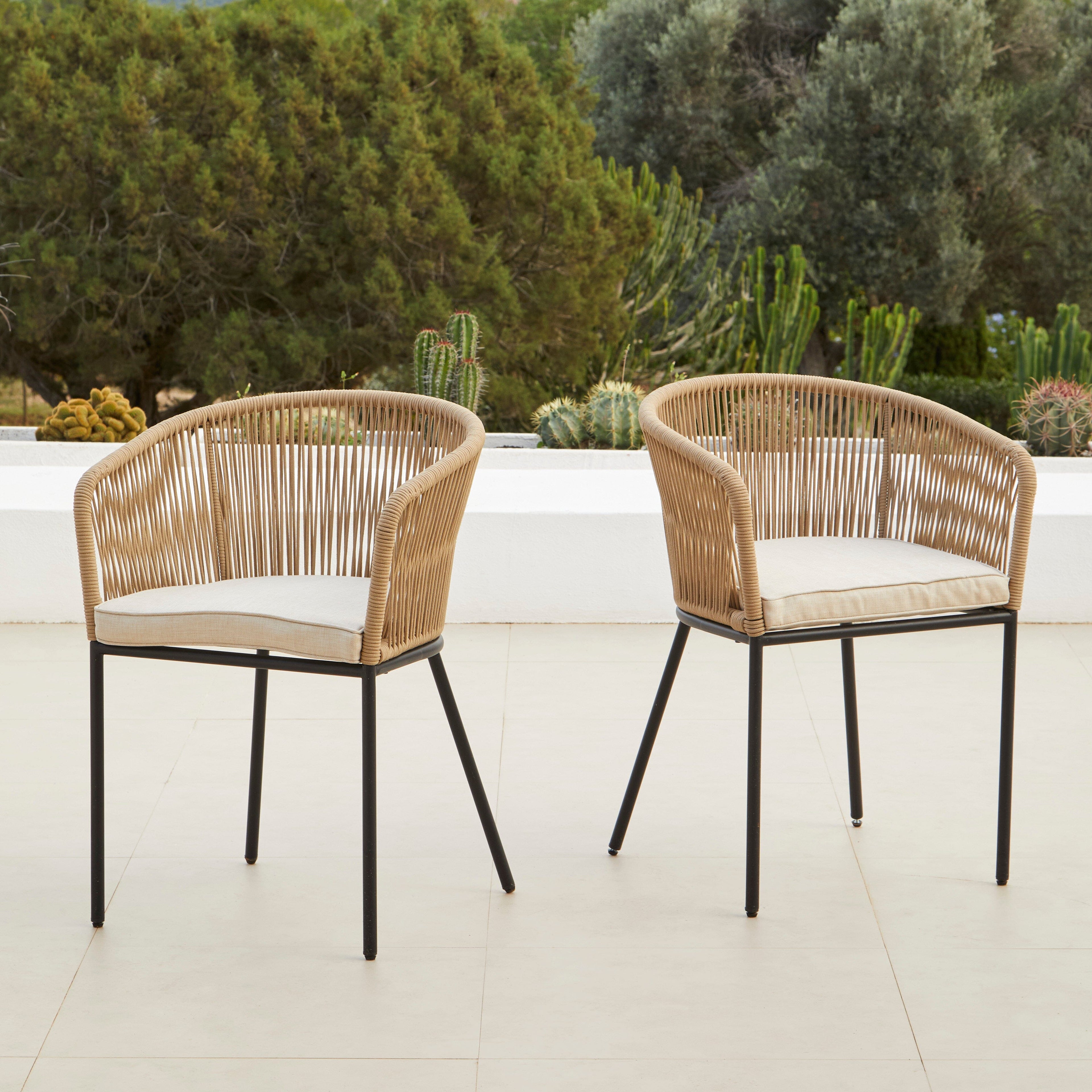 Willow 6 Seater Round Wooden Garden Set with 6 Hali Natural Rope Chairs & Round Grey Parasol