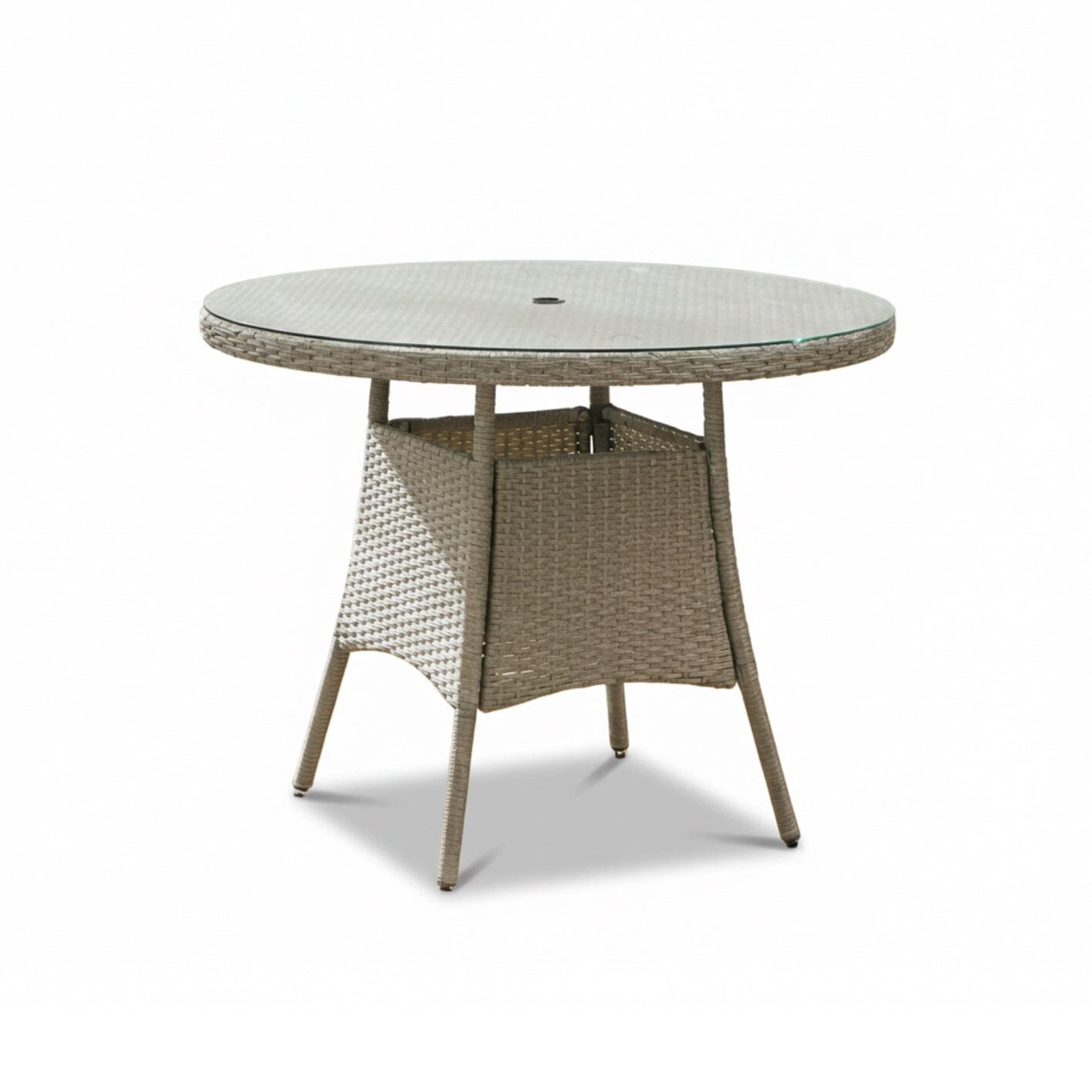 Kemble 4 Seater Round Rattan Garden Dining Table - Light Grey with Clear Glass Top
