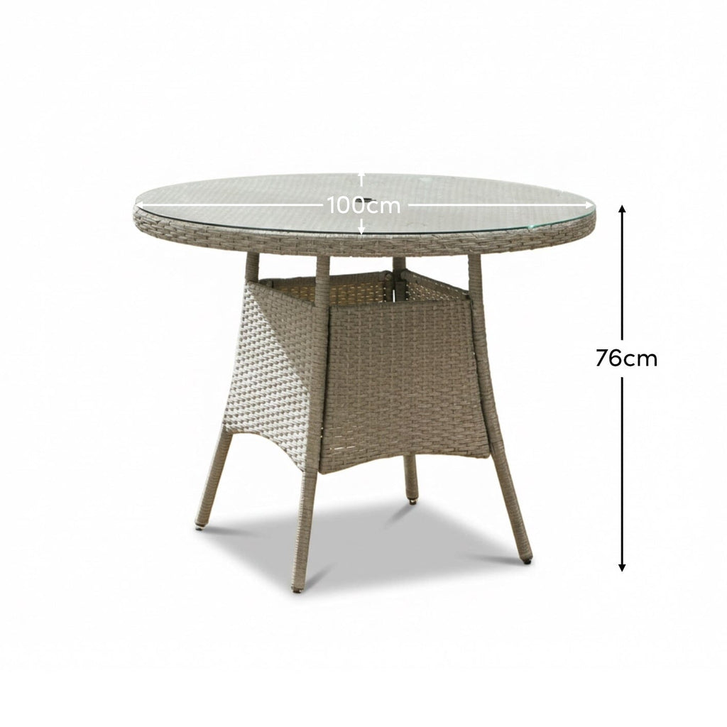 Kemble 4 Seater Round Rattan Garden Dining Table - Light Grey with Clear Glass Top
