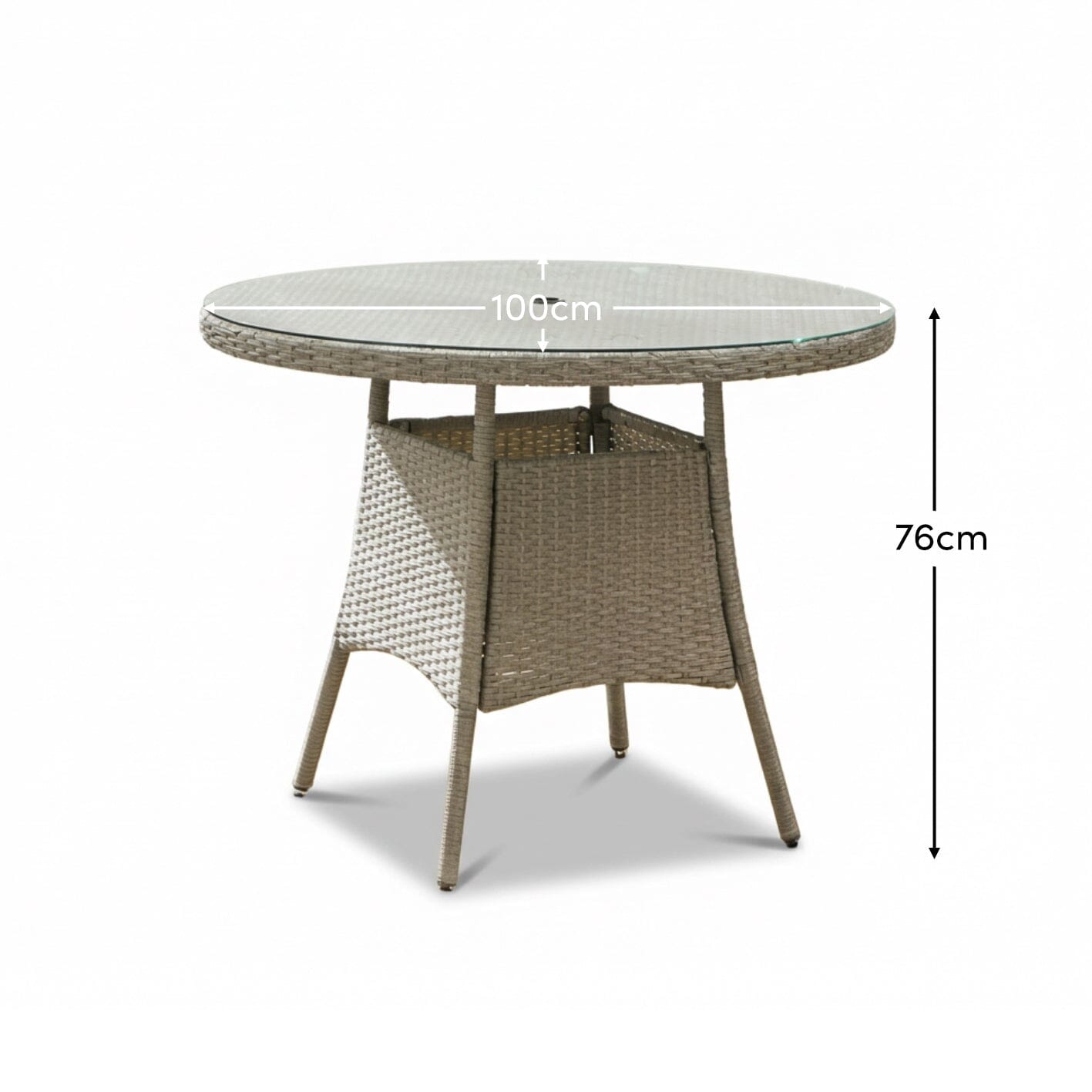 Kemble 4 Seater Round Rattan Garden Dining Table - Light Grey with Clear Glass Top