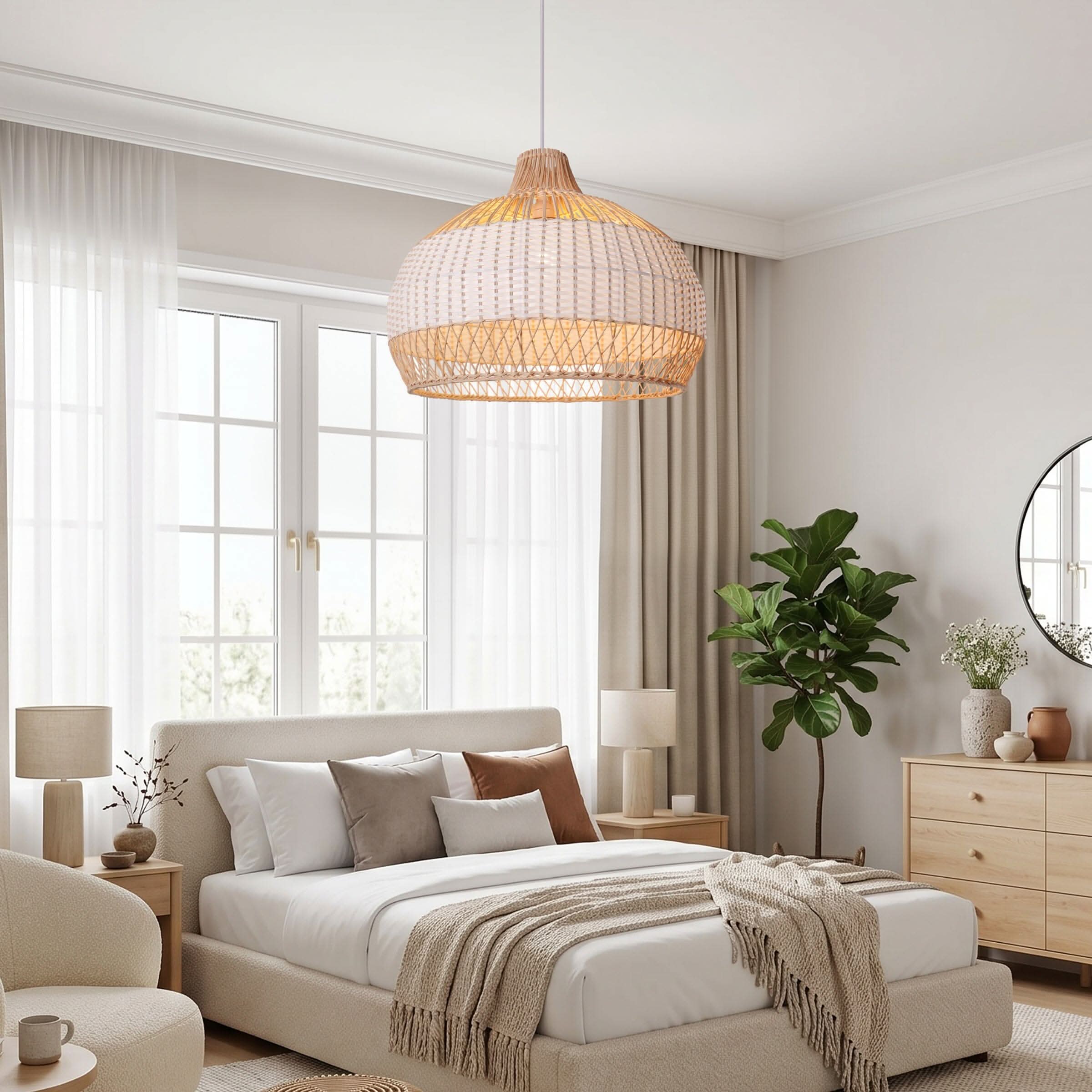 Dewlight-Handwoven Half White Rattan Pendant Light | Kitchen Island Pendant Lamp