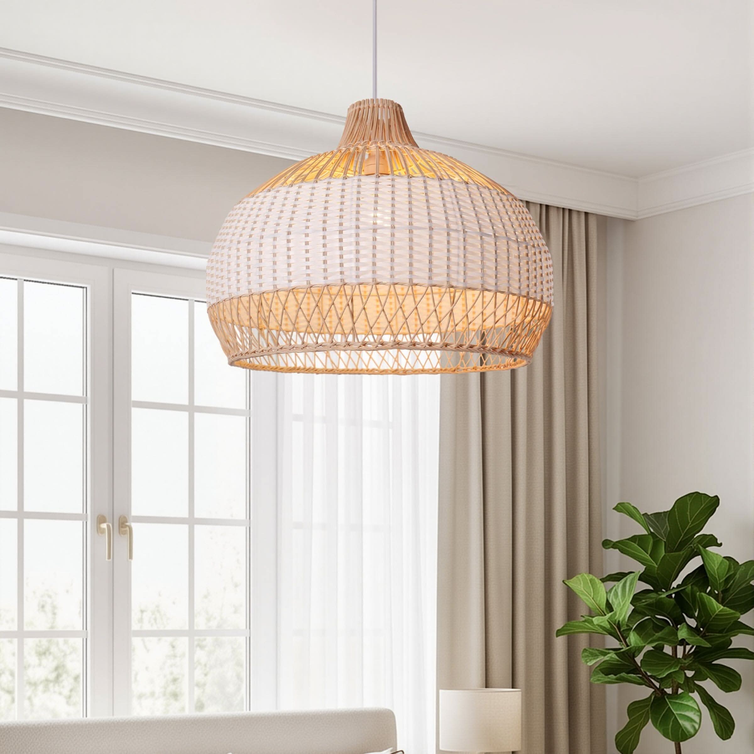 Dewlight-Handwoven Half White Rattan Pendant Light | Kitchen Island Pendant Lamp