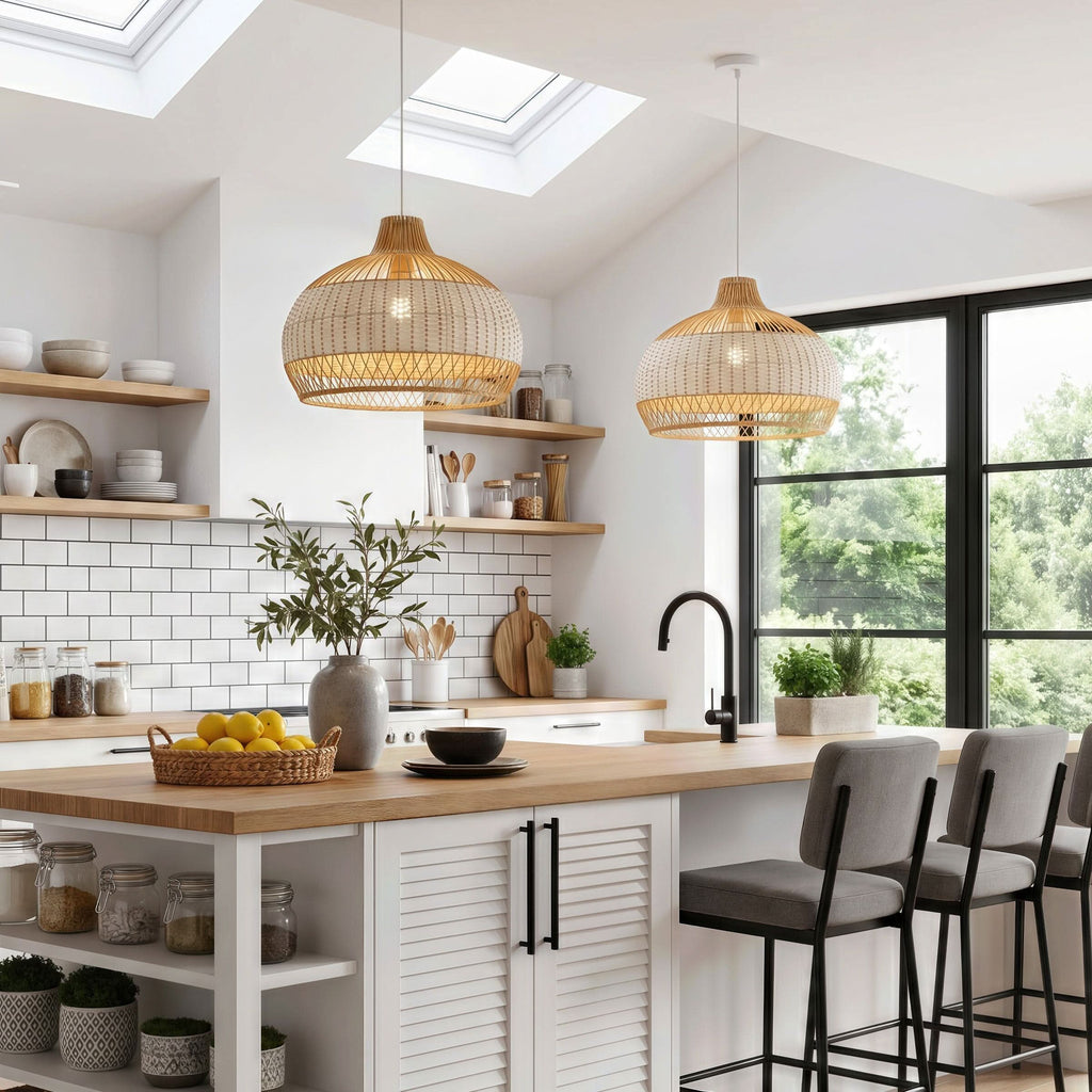 Dewlight-Handwoven Half White Rattan Pendant Light | Kitchen Island Pendant Lamp