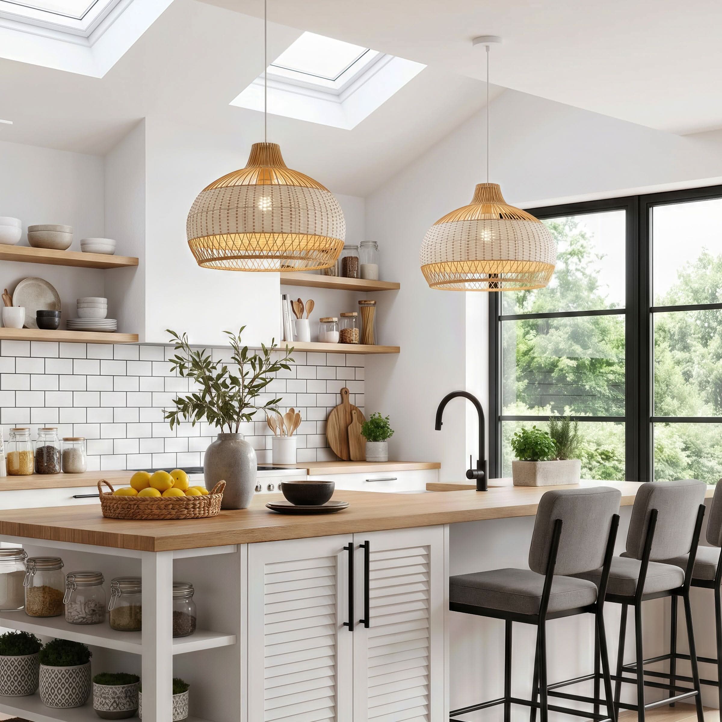 Dewlight-Handwoven Half White Rattan Pendant Light | Kitchen Island Pendant Lamp
