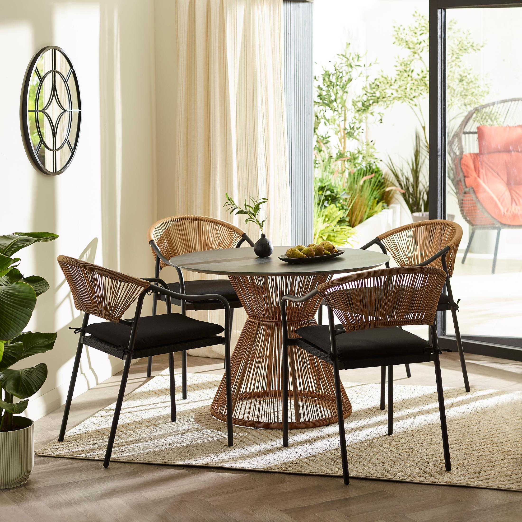 Lanai Beige Rattan & Black 4 Seat Round Garden Dining Table