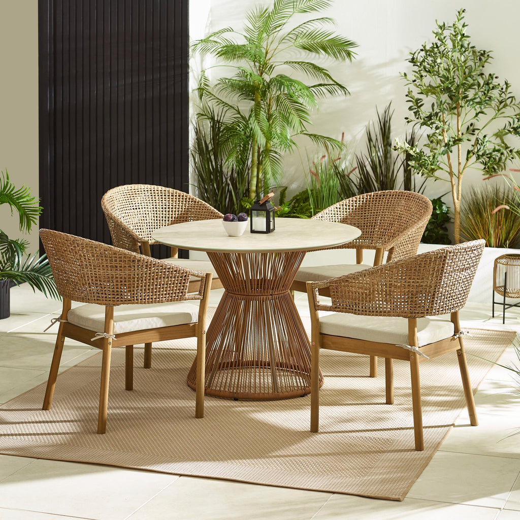 Lanai & Asa Beige Rattan & Cream 4 Seat Round Table Garden Dining Set