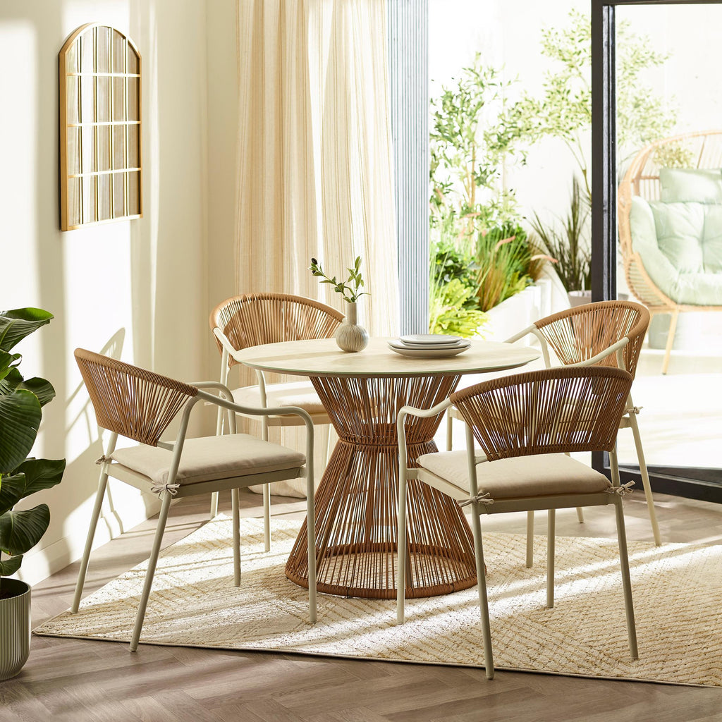 Lanai Beige Rattan & Cream 4 Seat Round Garden Dining Table