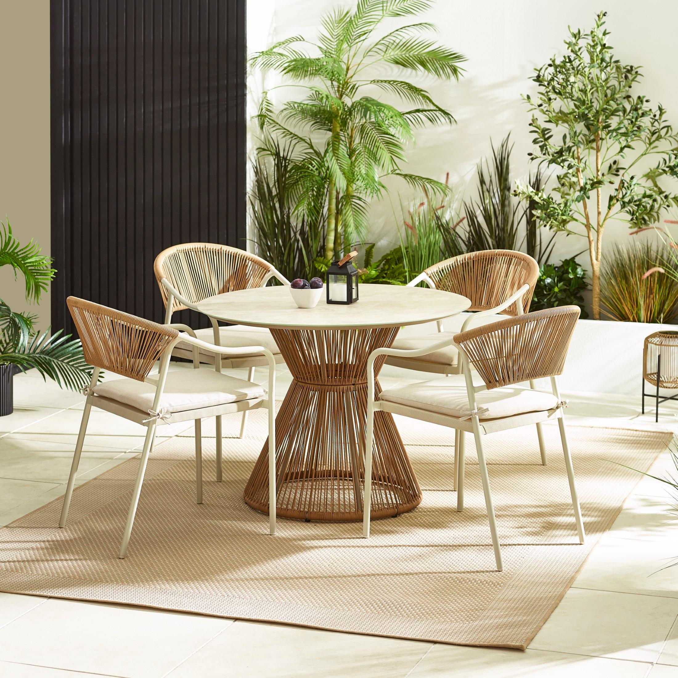 Lanai & Elba Beige Rattan & Cream 4 Seat Round Table Garden Dining Set