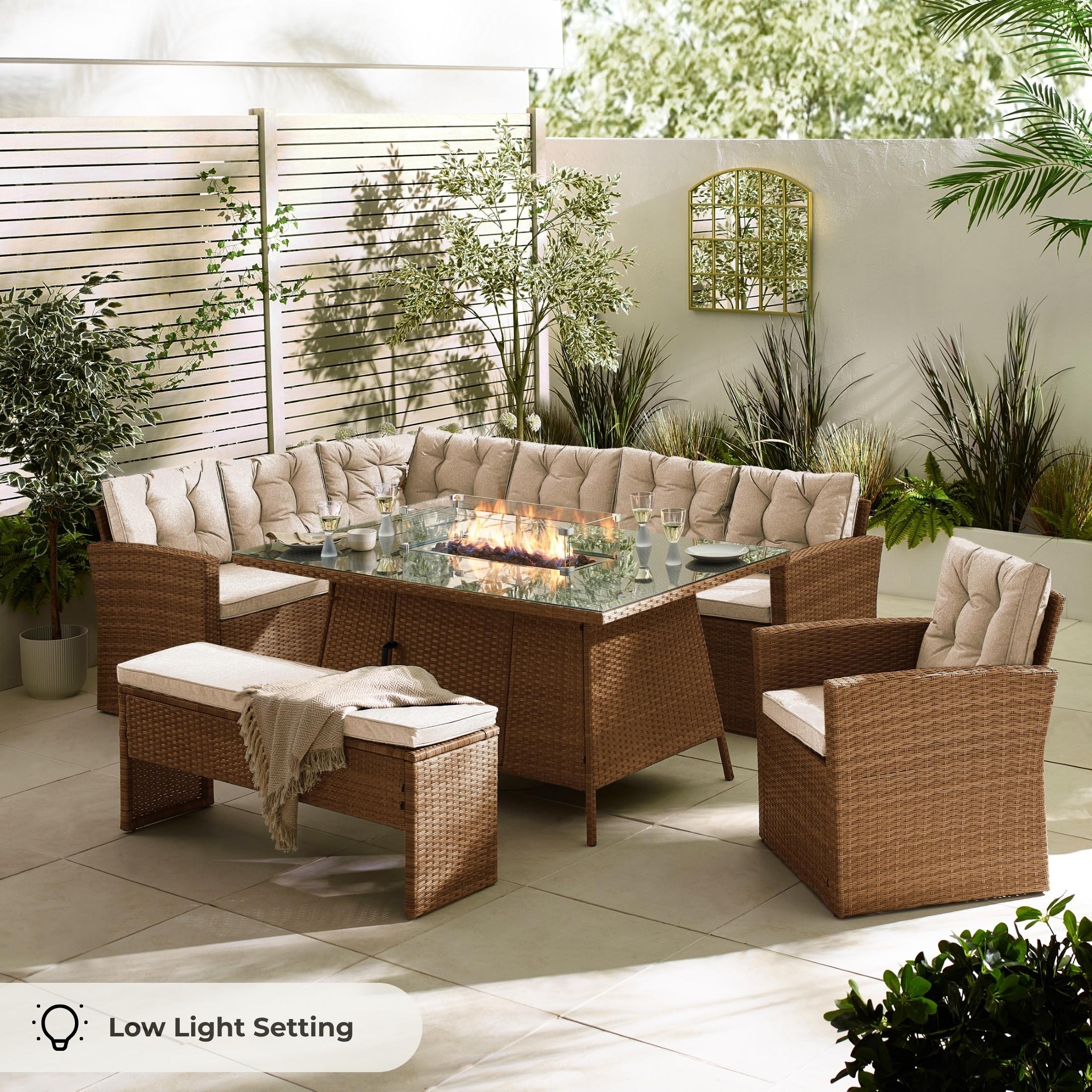 Marbella Beige Rattan 9 Seat Sofa Garden Dining Set with Firepit Table