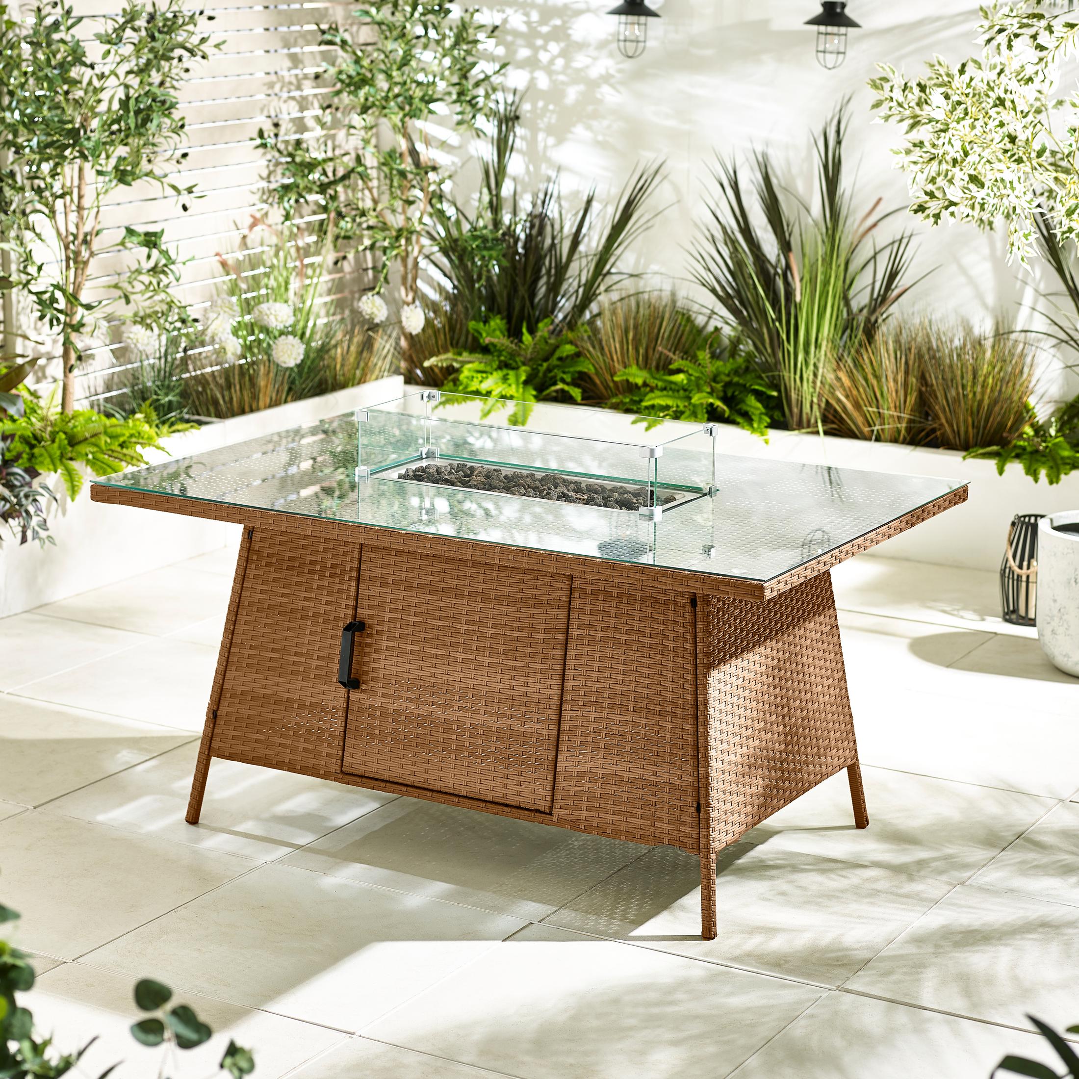 Marbella Beige Rattan 9 Seat Sofa Garden Dining Set with Firepit Table