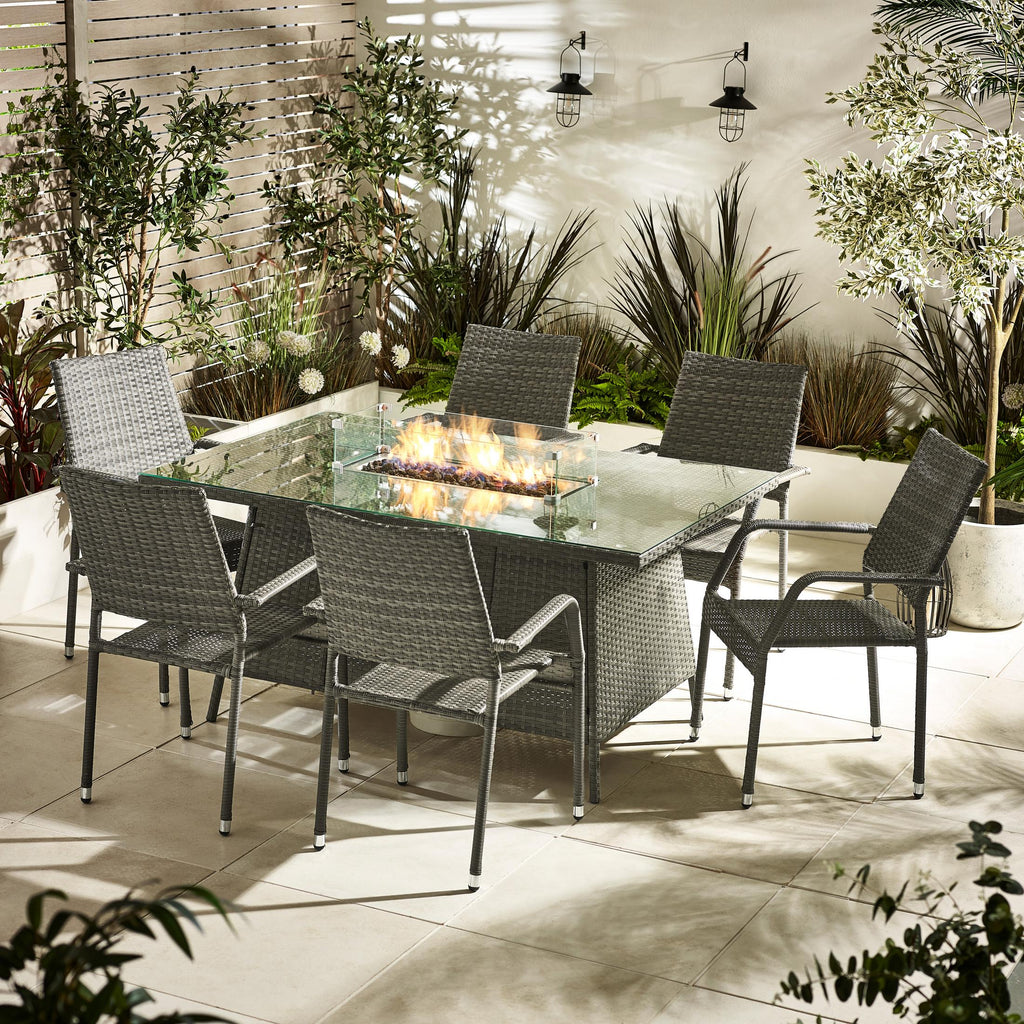 Marbella 6 Seat Grey Rattan Firepit Table Garden Dining Set