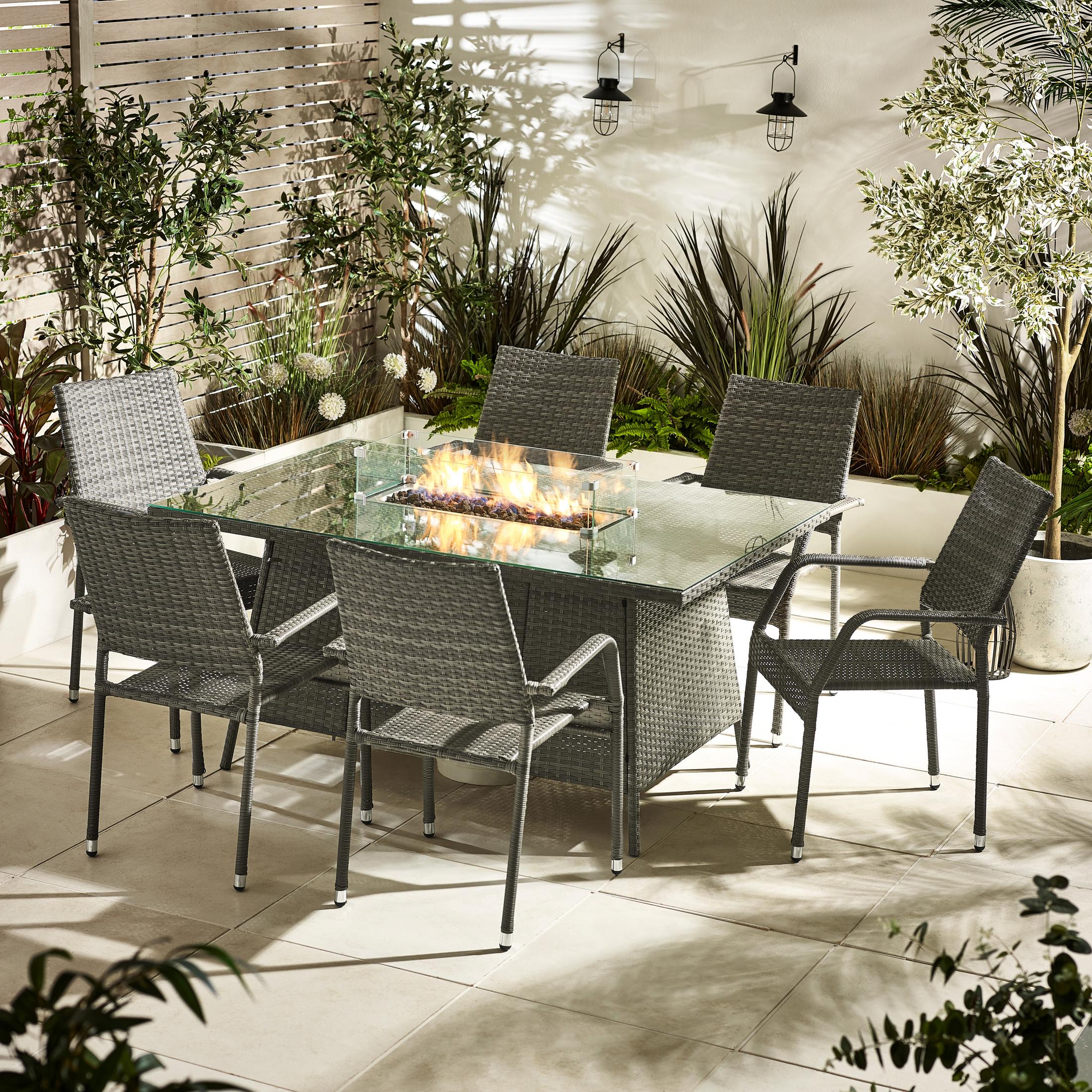 Marbella 6 Seat Grey Rattan Firepit Table Garden Dining Set