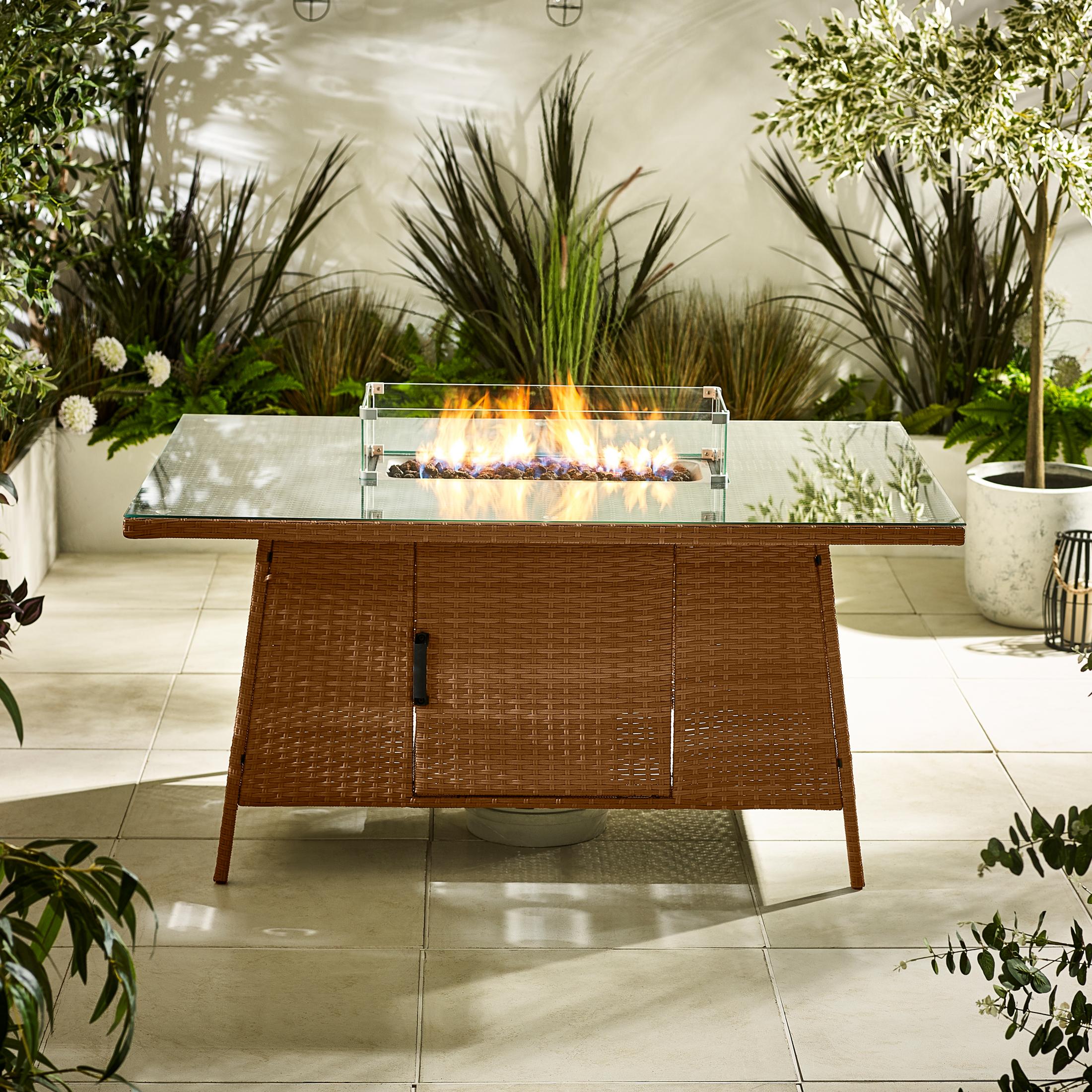 Marbella 6 Seat Beige Rattan Firepit Table Garden Dining Set
