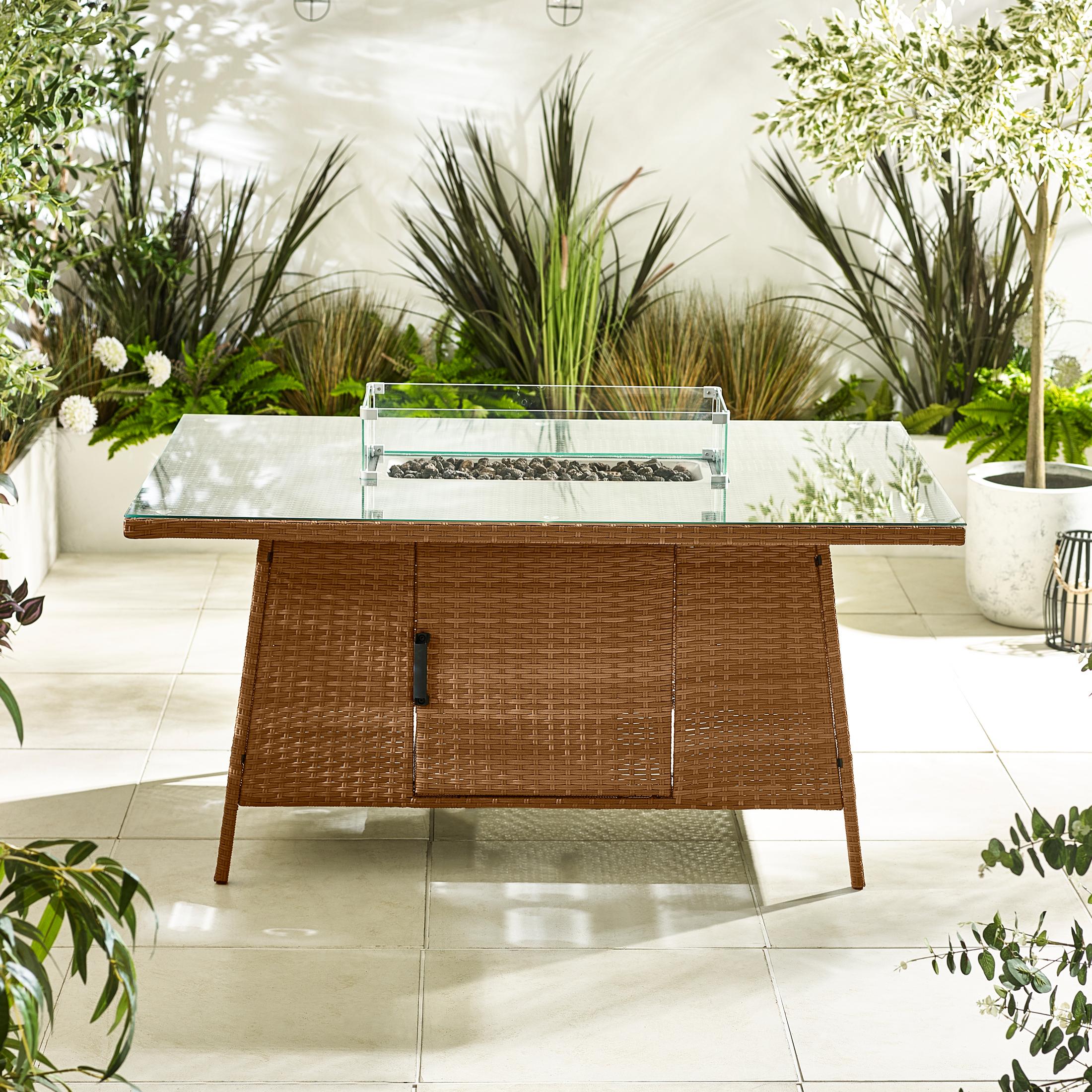 Marbella Beige Rattan 6 Seat Garden Dining Table with Firepit