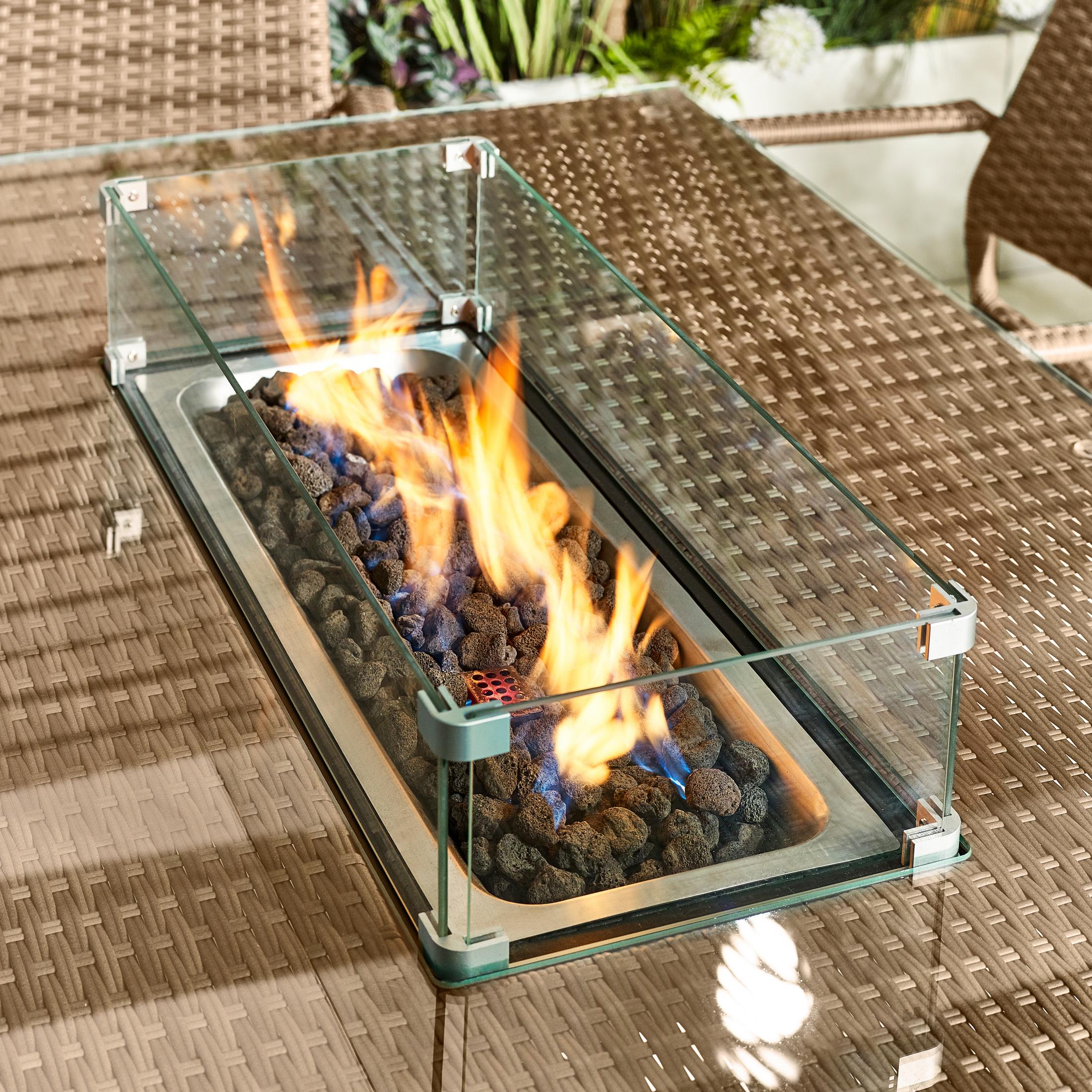 Marbella Beige Rattan 6 Seat Garden Dining Table with Firepit