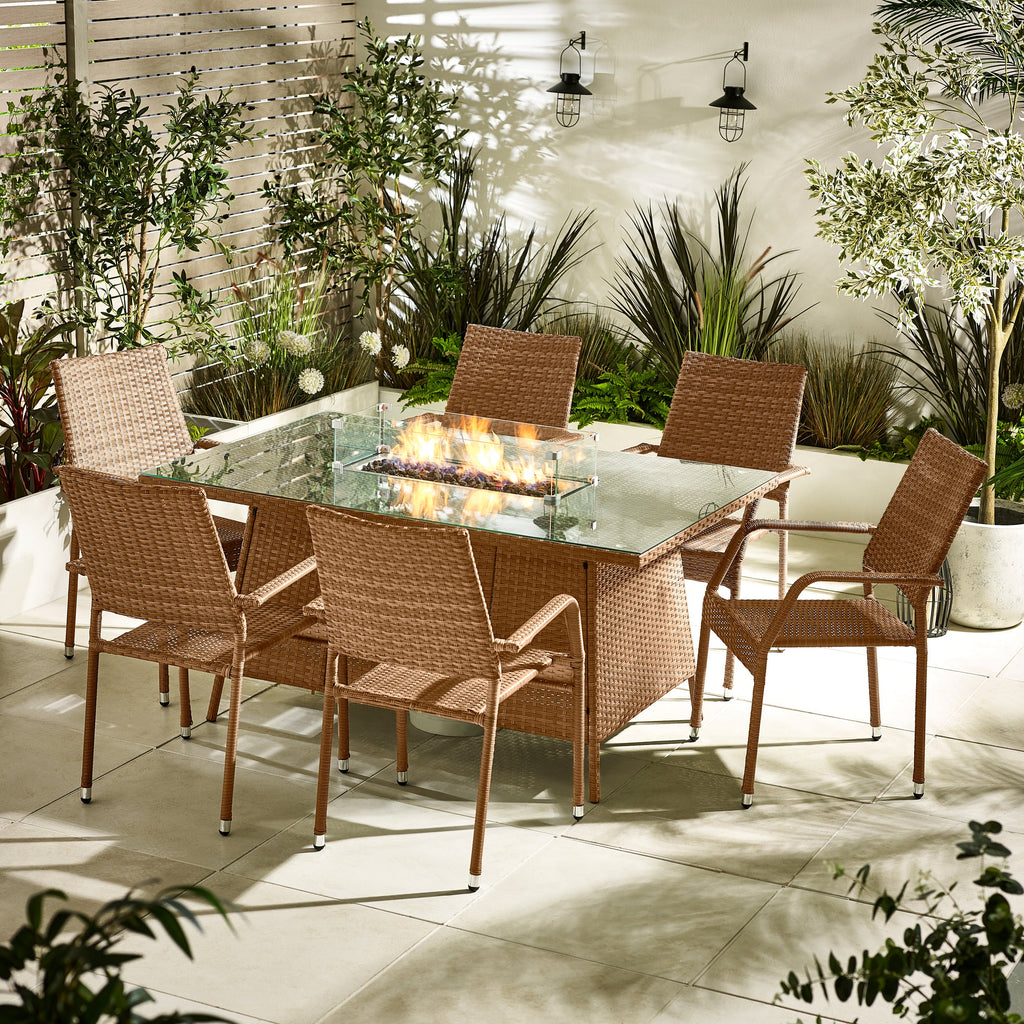Marbella 6 Seat Beige Rattan Firepit Table Garden Dining Set