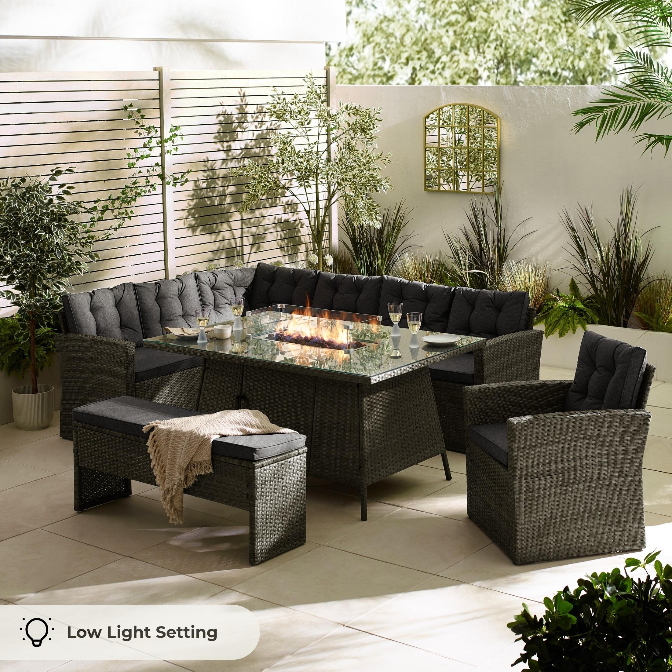 Marbella Grey Rattan 9 Seat Sofa Garden Dining Set with Firepit Table