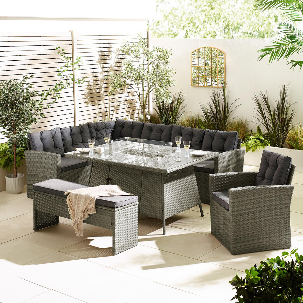 Marbella Grey Rattan 9 Seat Sofa Garden Dining Set with Firepit Table