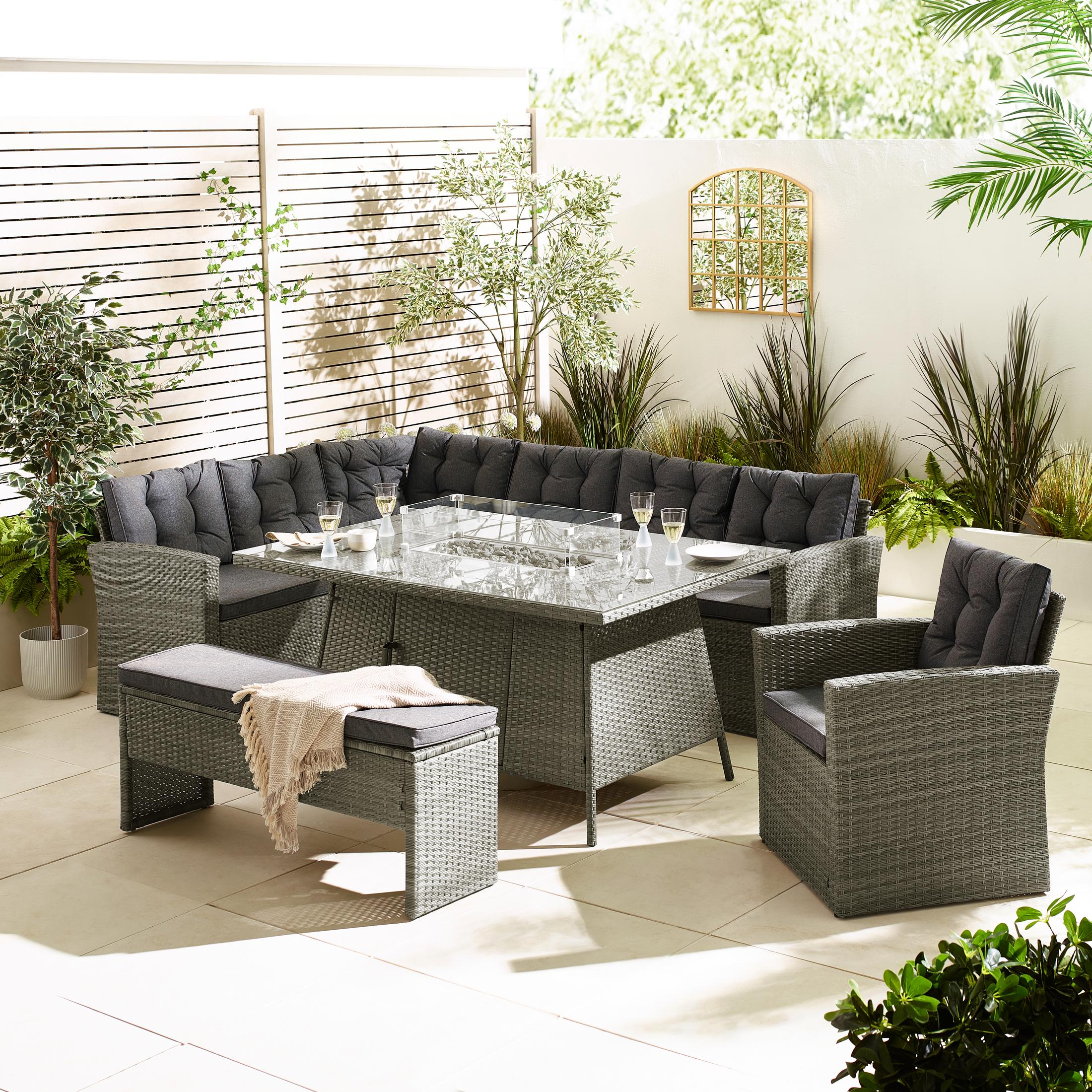 Marbella Grey Rattan 9 Seat Sofa Garden Dining Set with Firepit Table