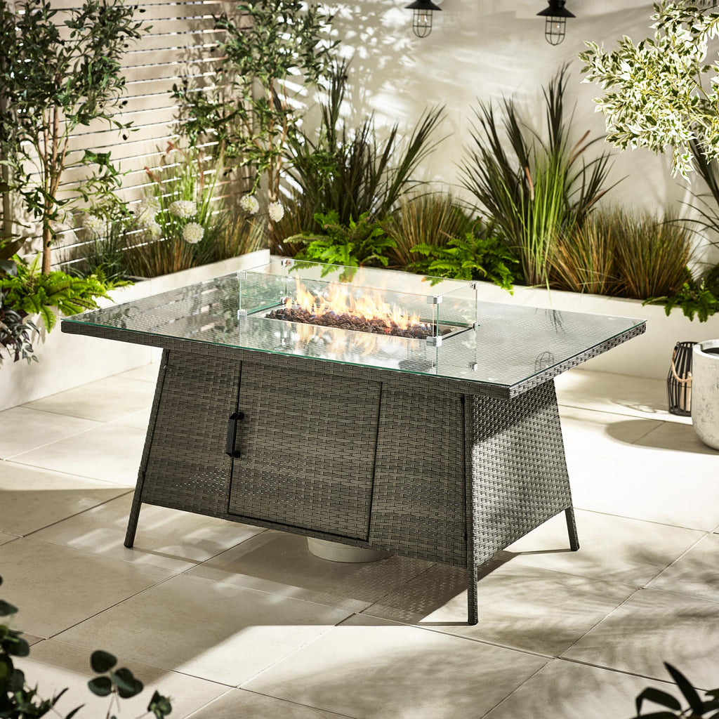 Marbella Grey Rattan 9 Seat Sofa Garden Dining Set with Firepit Table