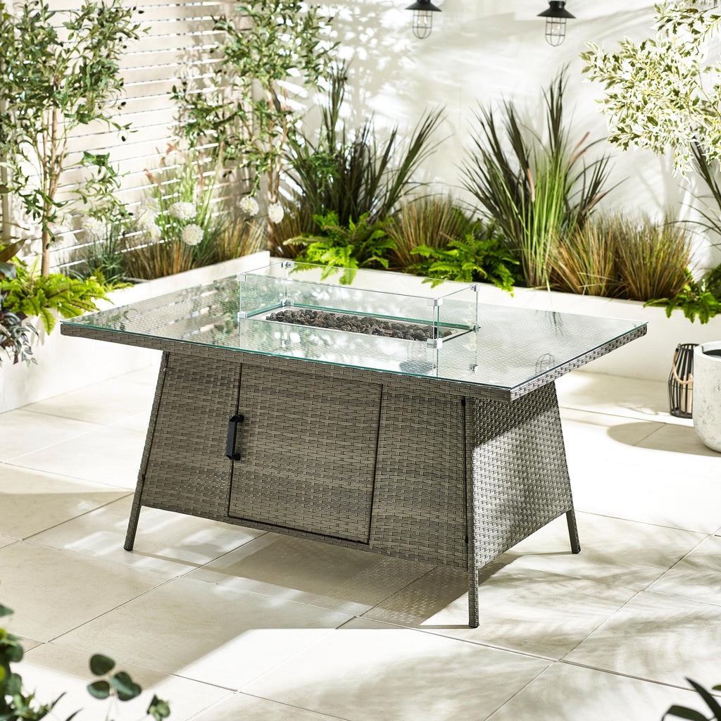 Marbella Grey Rattan 9 Seat Sofa Garden Dining Set with Firepit Table