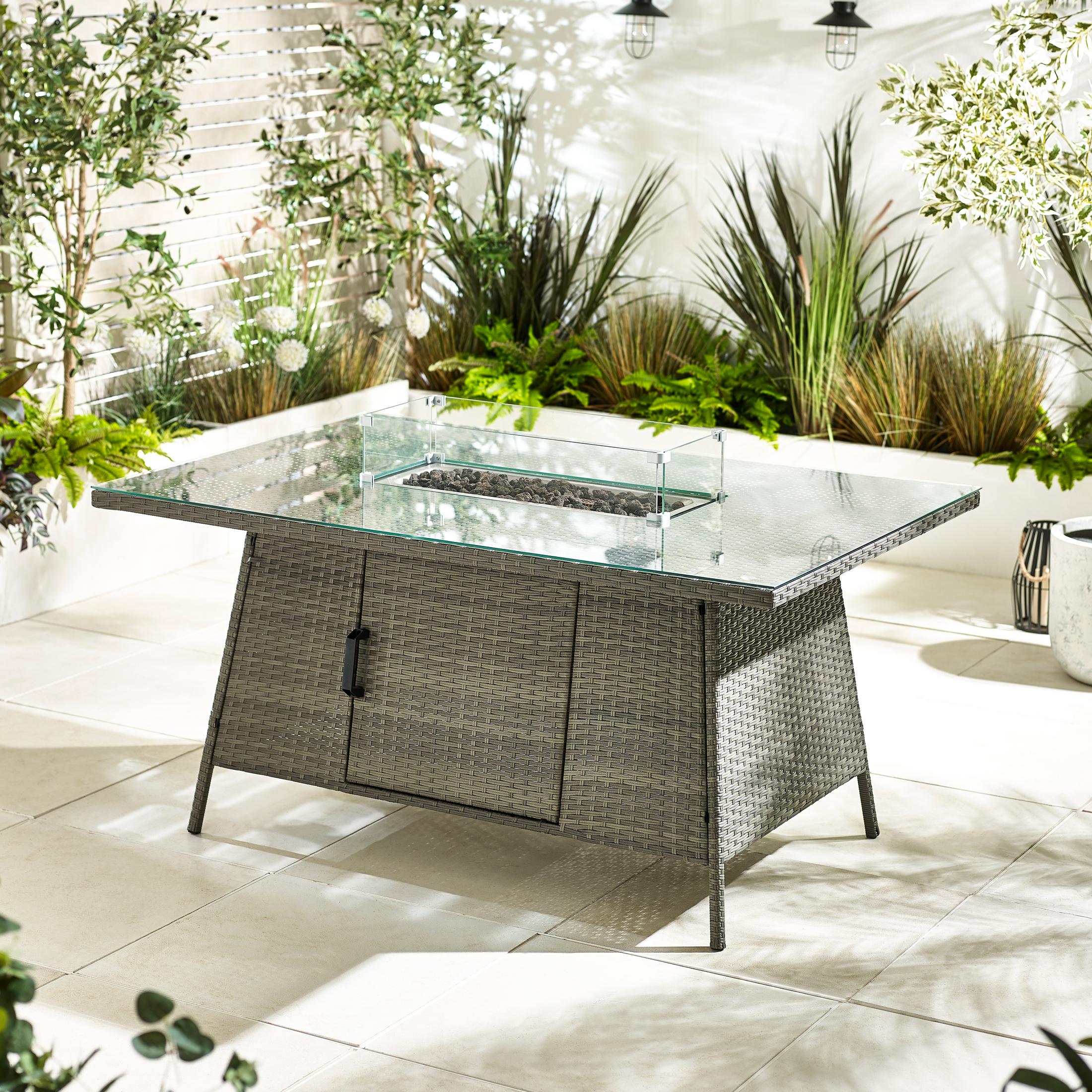 Marbella Grey Rattan 9 Seat Sofa Garden Dining Set with Firepit Table