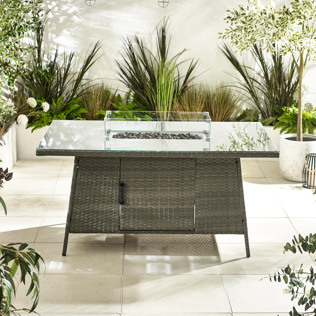 Marbella Grey Rattan 9 Seat Sofa Garden Dining Set with Firepit Table