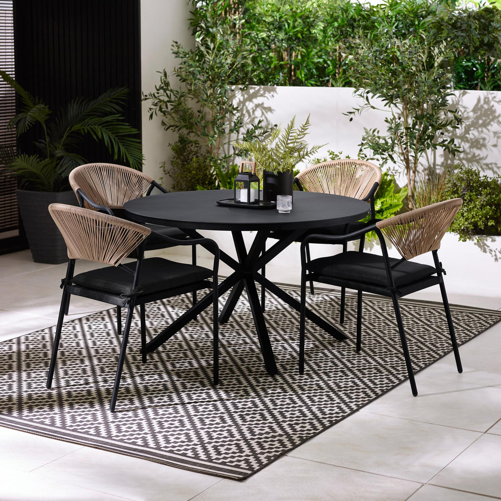 Nanterre & Elba Black Metal & Rattan 4 Seat Round Table Garden Dining Set