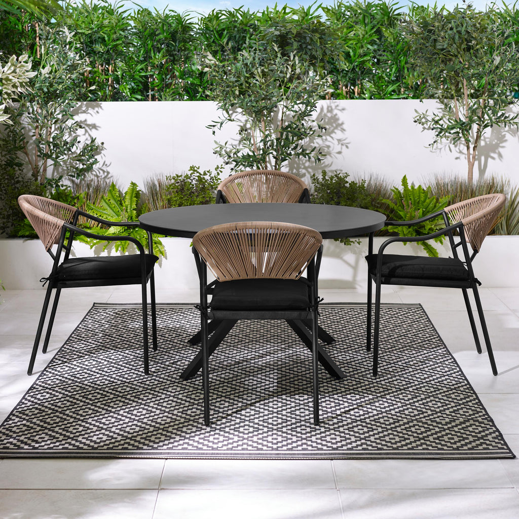 Nanterre & Elba Black Metal & Rattan 4 Seat Round Table Garden Dining Set