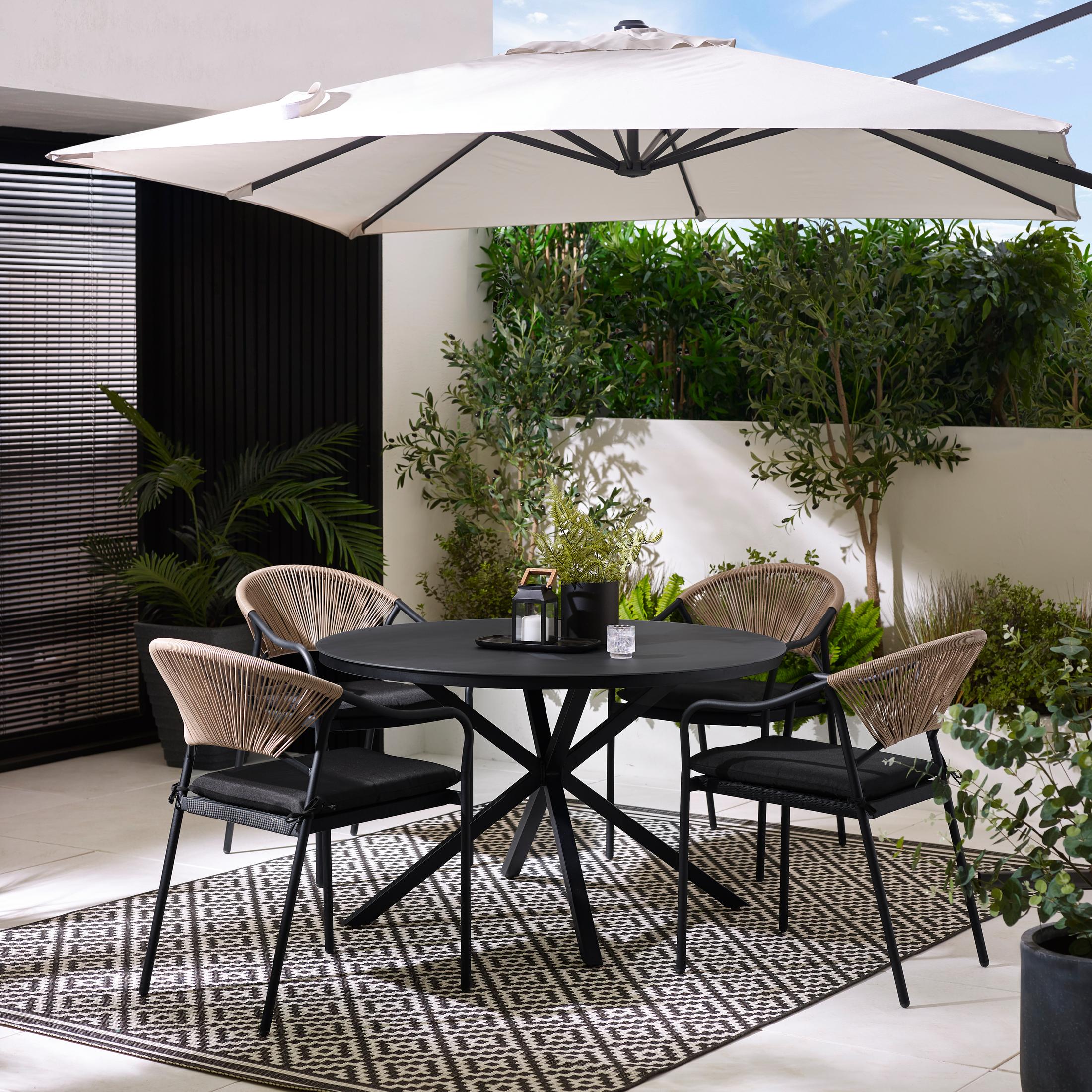 Nanterre & Elba Black Metal & Rattan 4 Seat Round Table Garden Dining Set