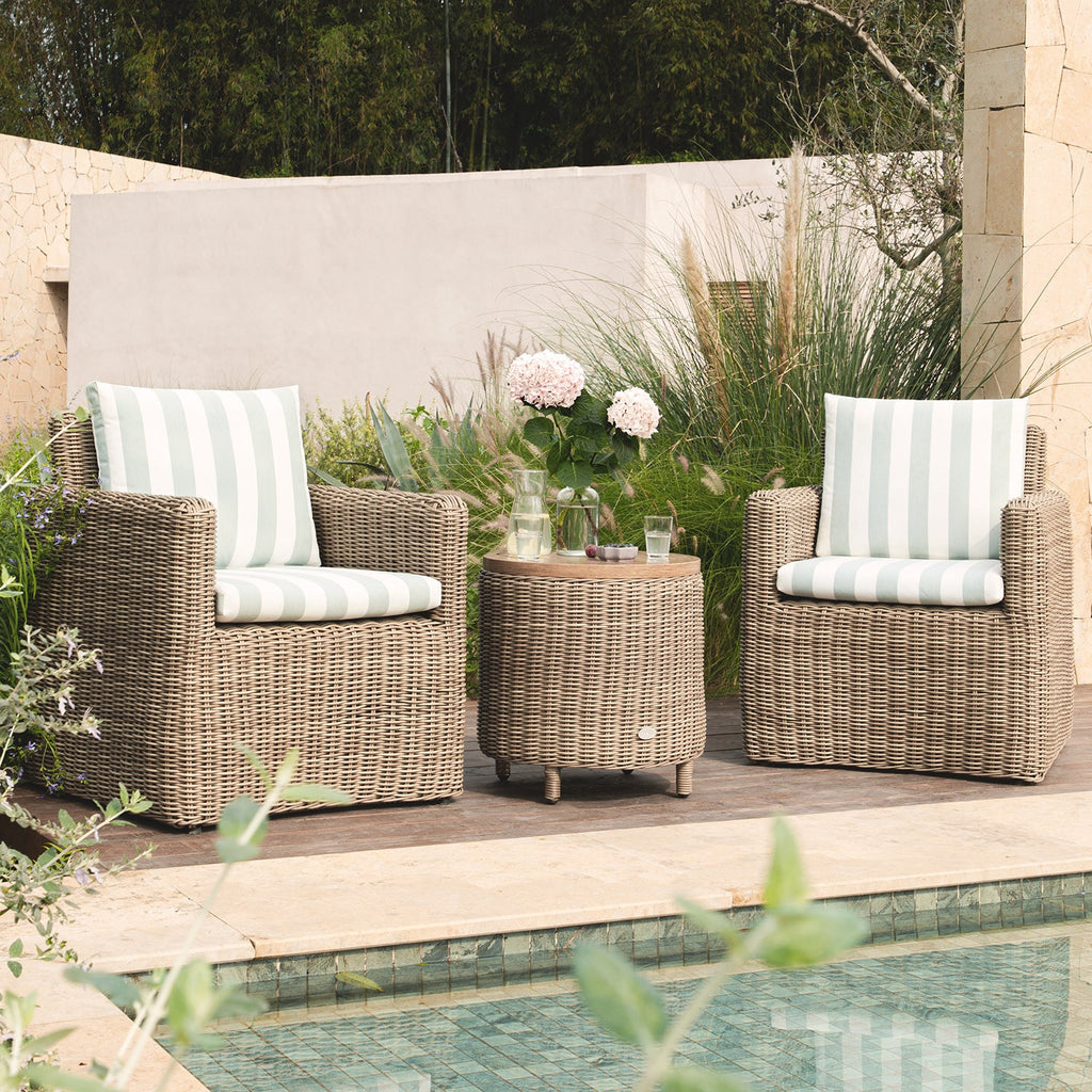 Bellagio Round Wicker Bistro Set with Rising Side Table, Natural with Sage Stripes