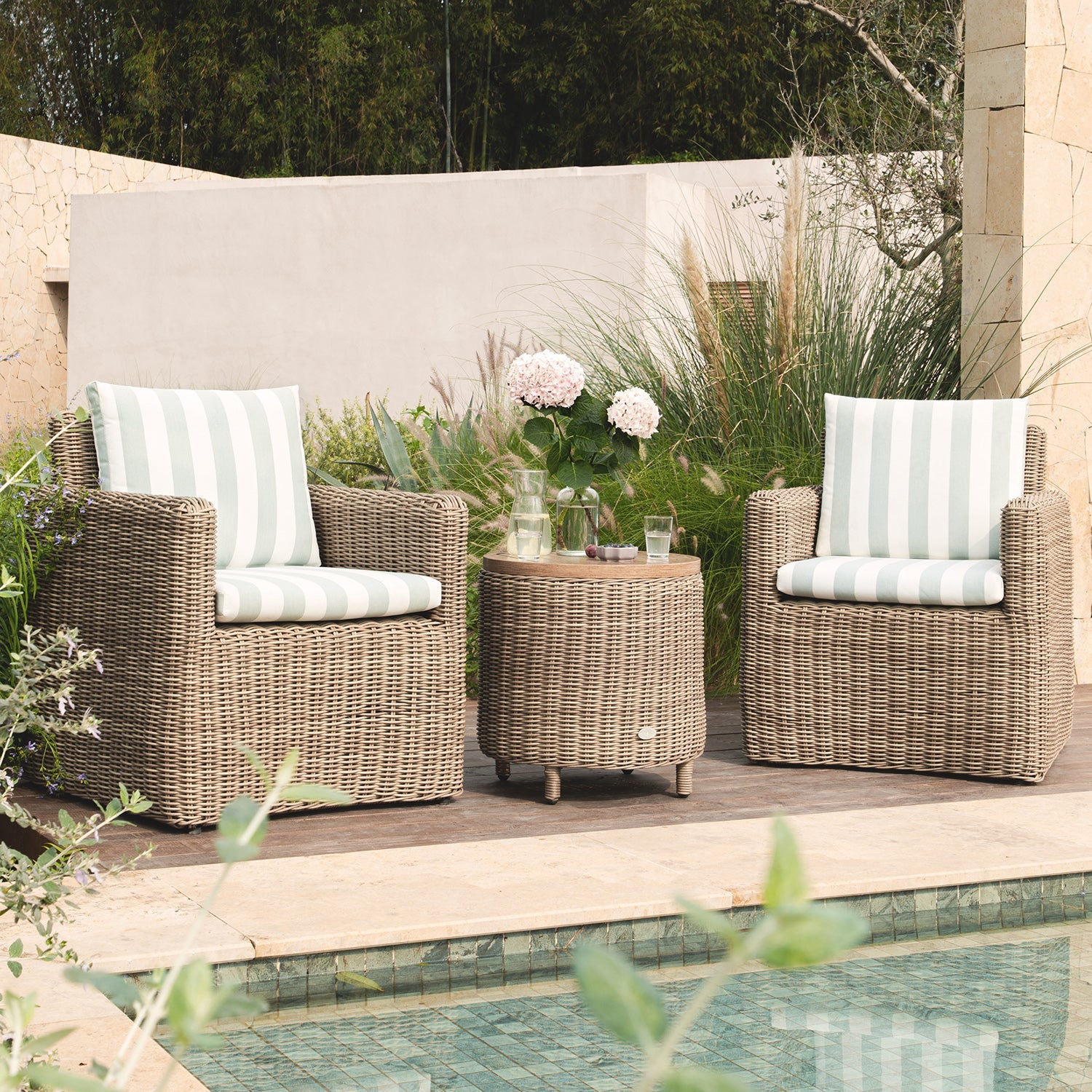 Bellagio Round Wicker Bistro Set with Rising Side Table, Natural with Sage Stripes