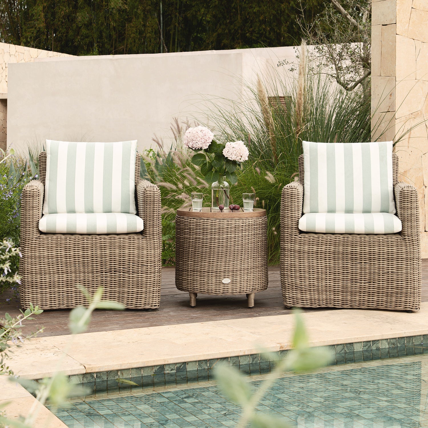 Bellagio Round Wicker Bistro Set with Rising Side Table, Natural with Sage Stripes