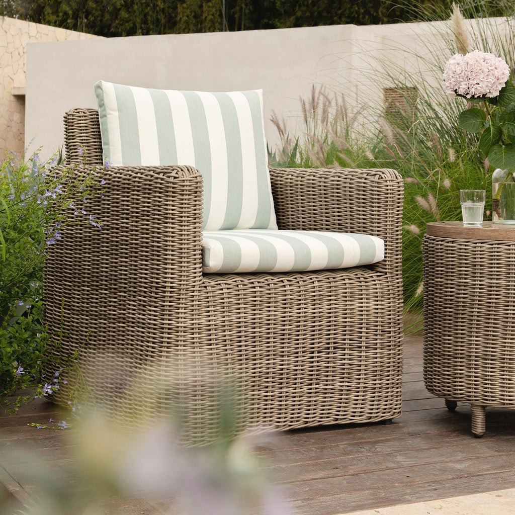 Bellagio Round Wicker Bistro Set with Rising Side Table, Natural with Sage Stripes